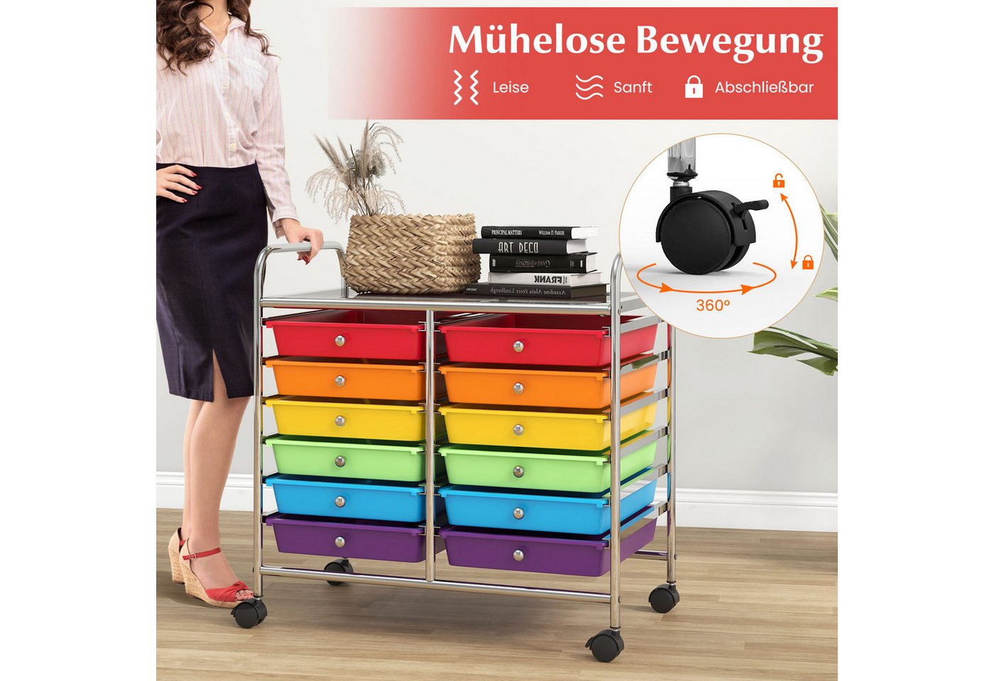 COSTWAY Rollcontainer, mit Schubladen Kunststoff, Rollwagen mit Rollen – Bild 3 von 5
