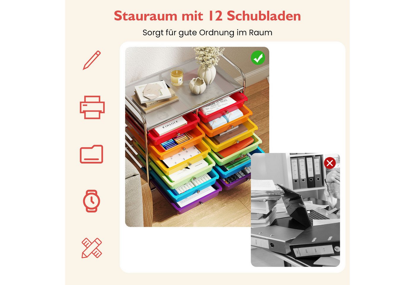 COSTWAY Rollcontainer, mit Schubladen Kunststoff, Rollwagen mit Rollen – Bild 4 von 5