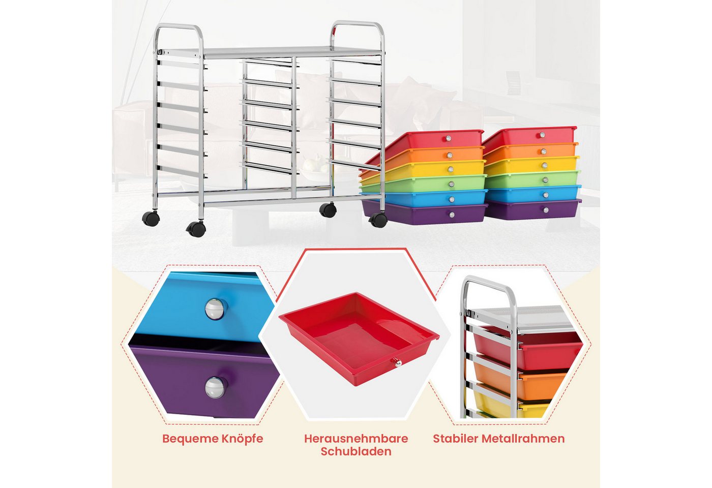 COSTWAY Rollcontainer, mit Schubladen Kunststoff, Rollwagen mit Rollen – Bild 5 von 5