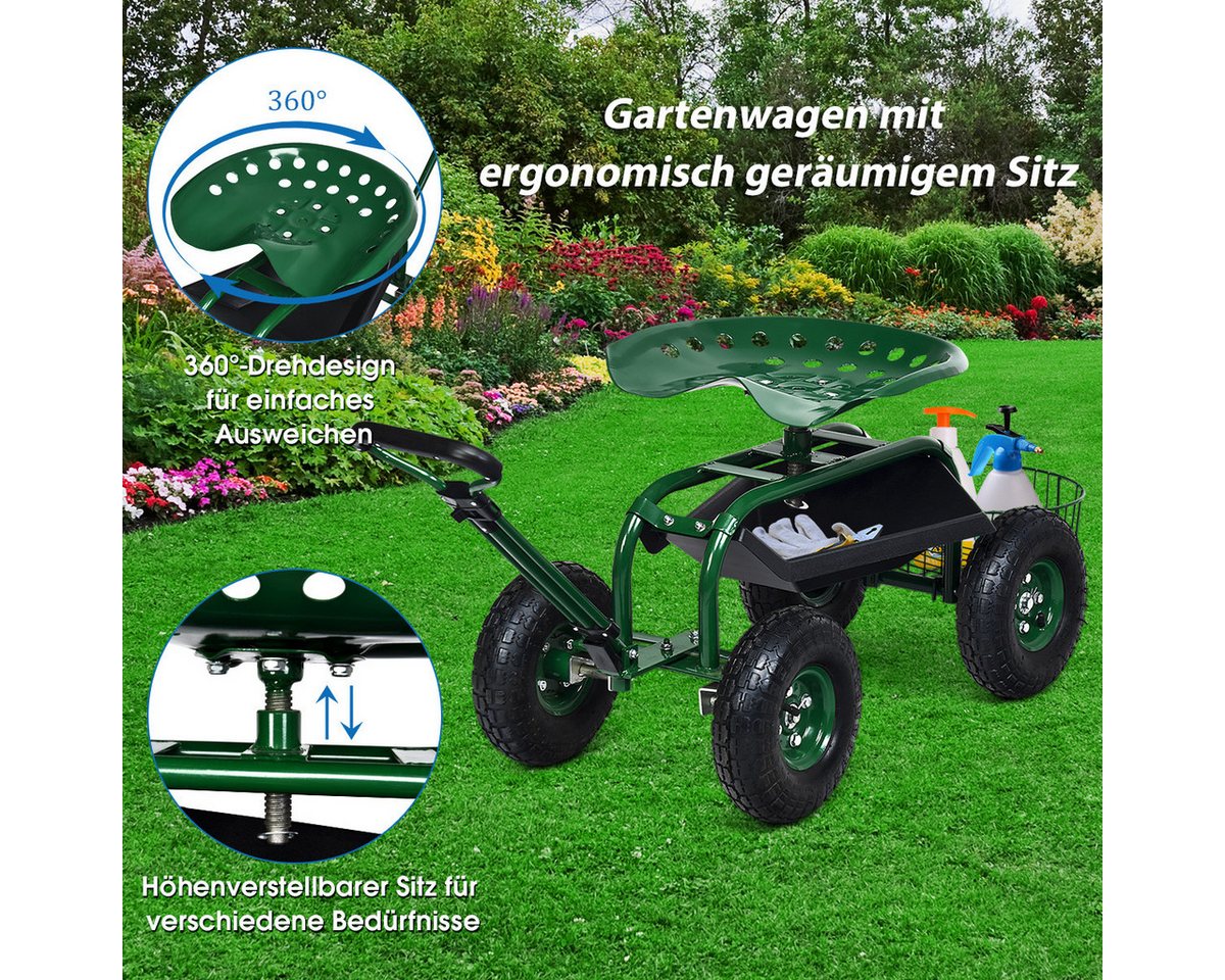 COSTWAY Rollsitz, mit Rollen & ausziehbarem Griff & Korb, 360° drehbar – Bild 3 von 5