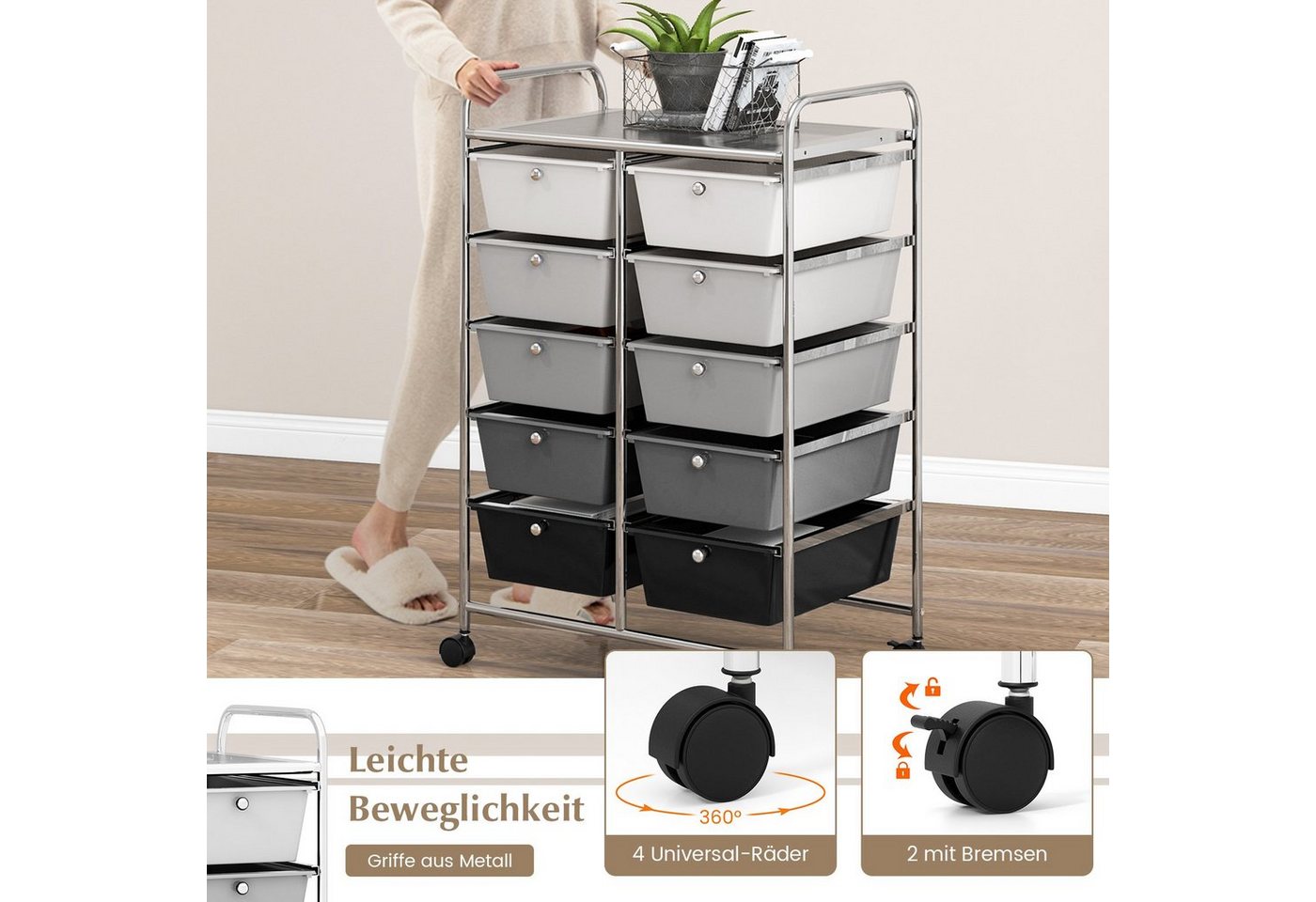 COSTWAY Rollwagen, mit 10 stapelbaren Schubladen&Ablage, Metall, 65,5x37x87cm – Bild 2 von 5