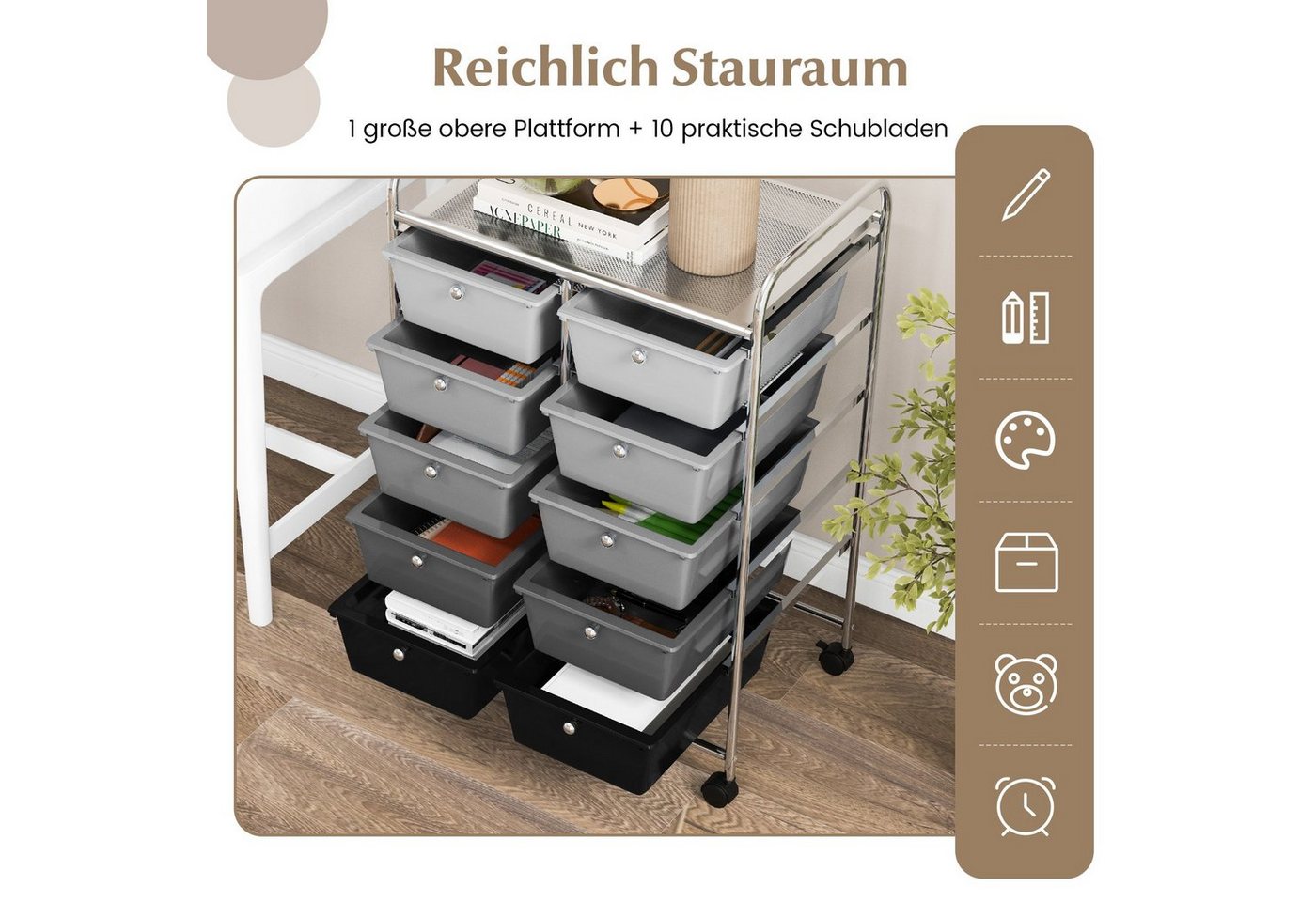 COSTWAY Rollwagen, mit 10 stapelbaren Schubladen&Ablage, Metall, 65,5x37x87cm – Bild 3 von 5