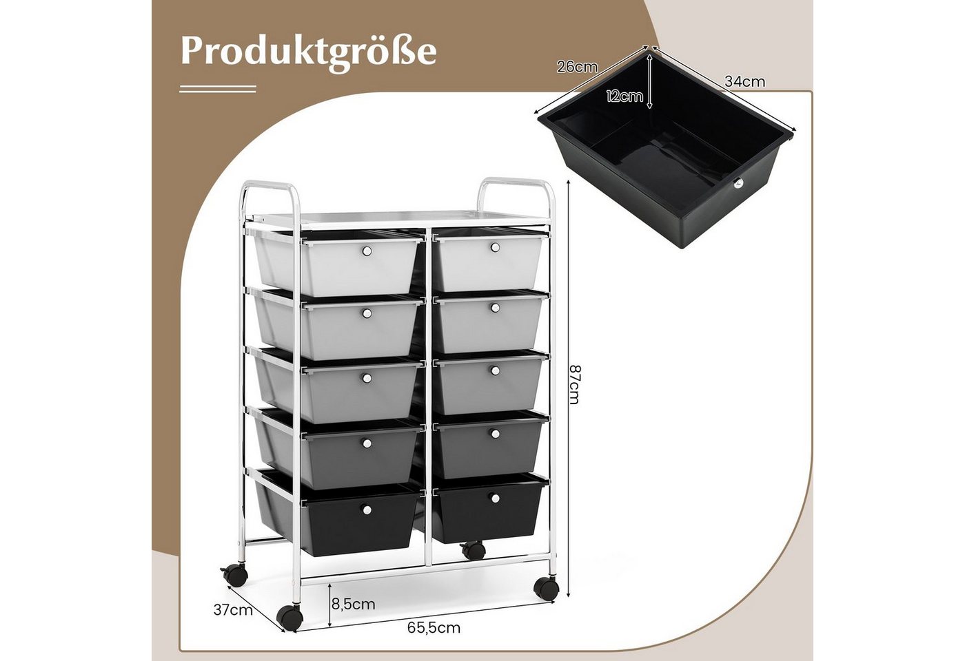 COSTWAY Rollwagen, mit 10 stapelbaren Schubladen&Ablage, Metall, 65,5x37x87cm – Bild 5 von 5