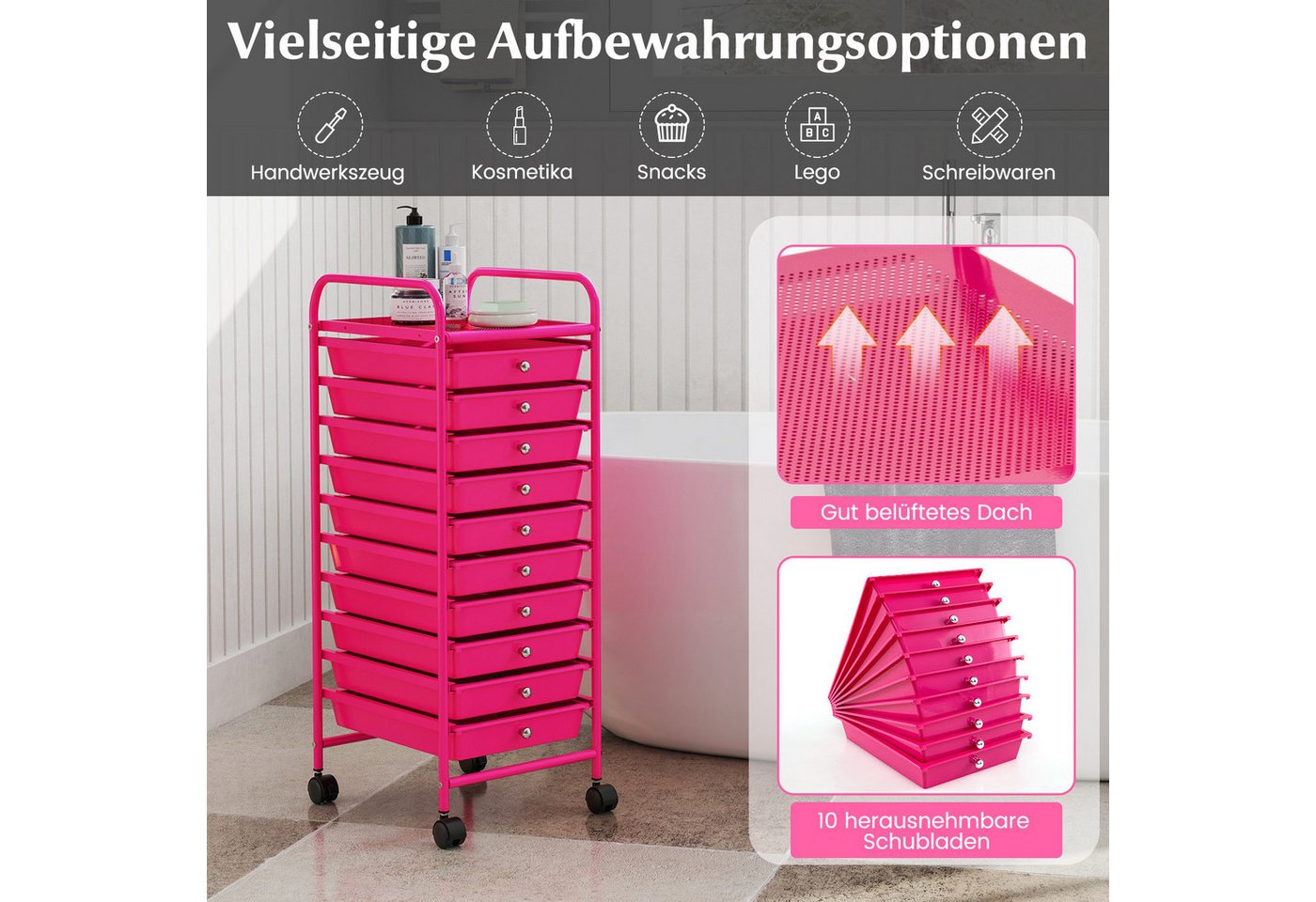 COSTWAY Rollwagen, mit 10 stapelbaren Schubladen, auf Rollen Metallgestell – Bild 4 von 5