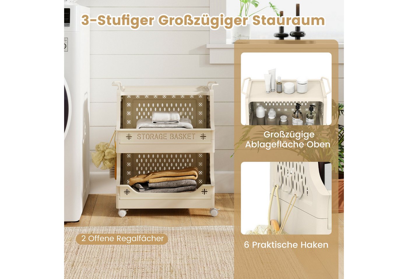 COSTWAY Rollwagen, faltba & stapelbar, mit Rollen, Kunststoff Beistellwagen – Bild 3 von 5
