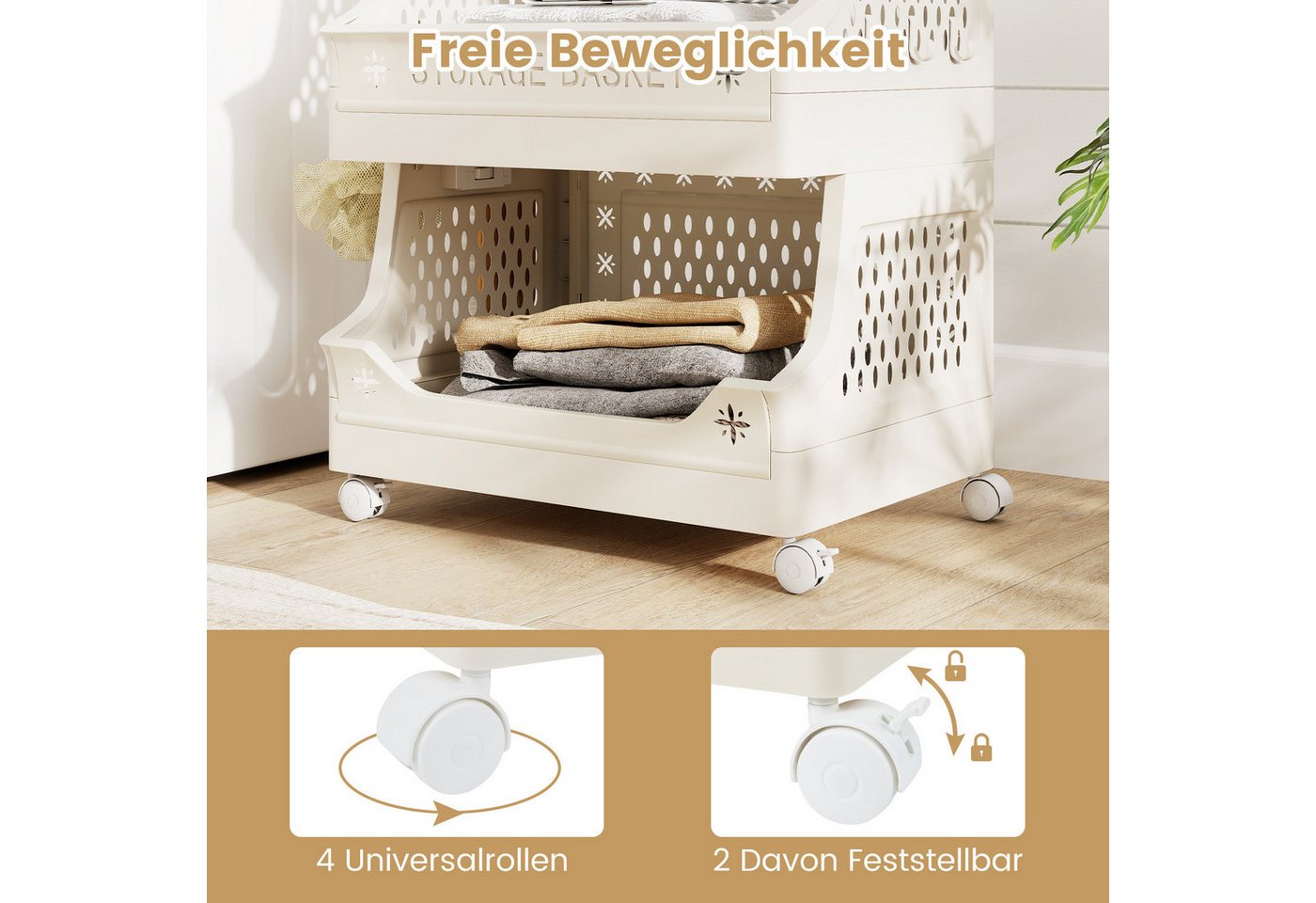COSTWAY Rollwagen, faltba & stapelbar, mit Rollen, Kunststoff Beistellwagen – Bild 5 von 5