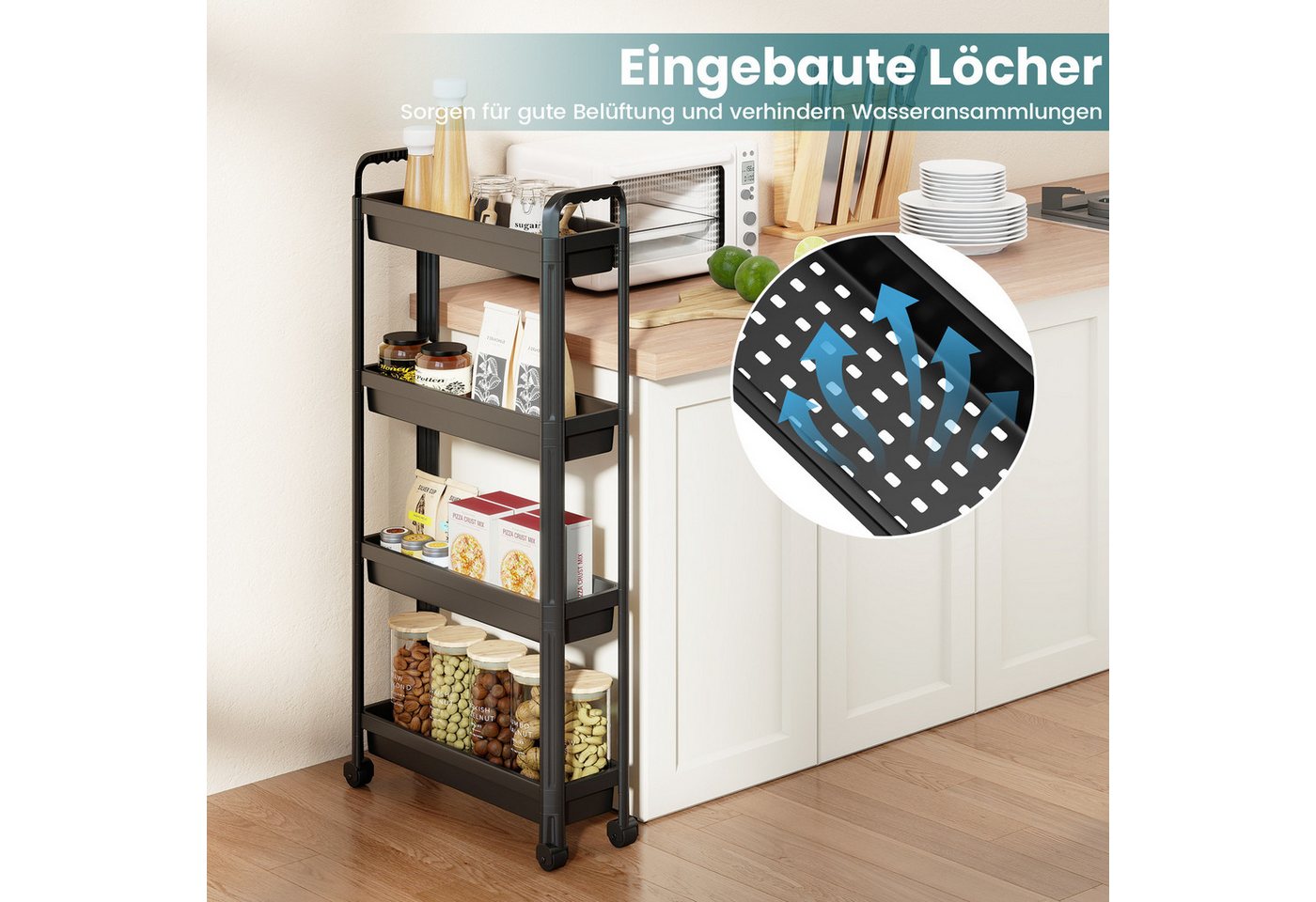 COSTWAY Rollwagen, schmal Nischenregal Küchenwagen auf Rollen Kunststoff – Bild 4 von 5
