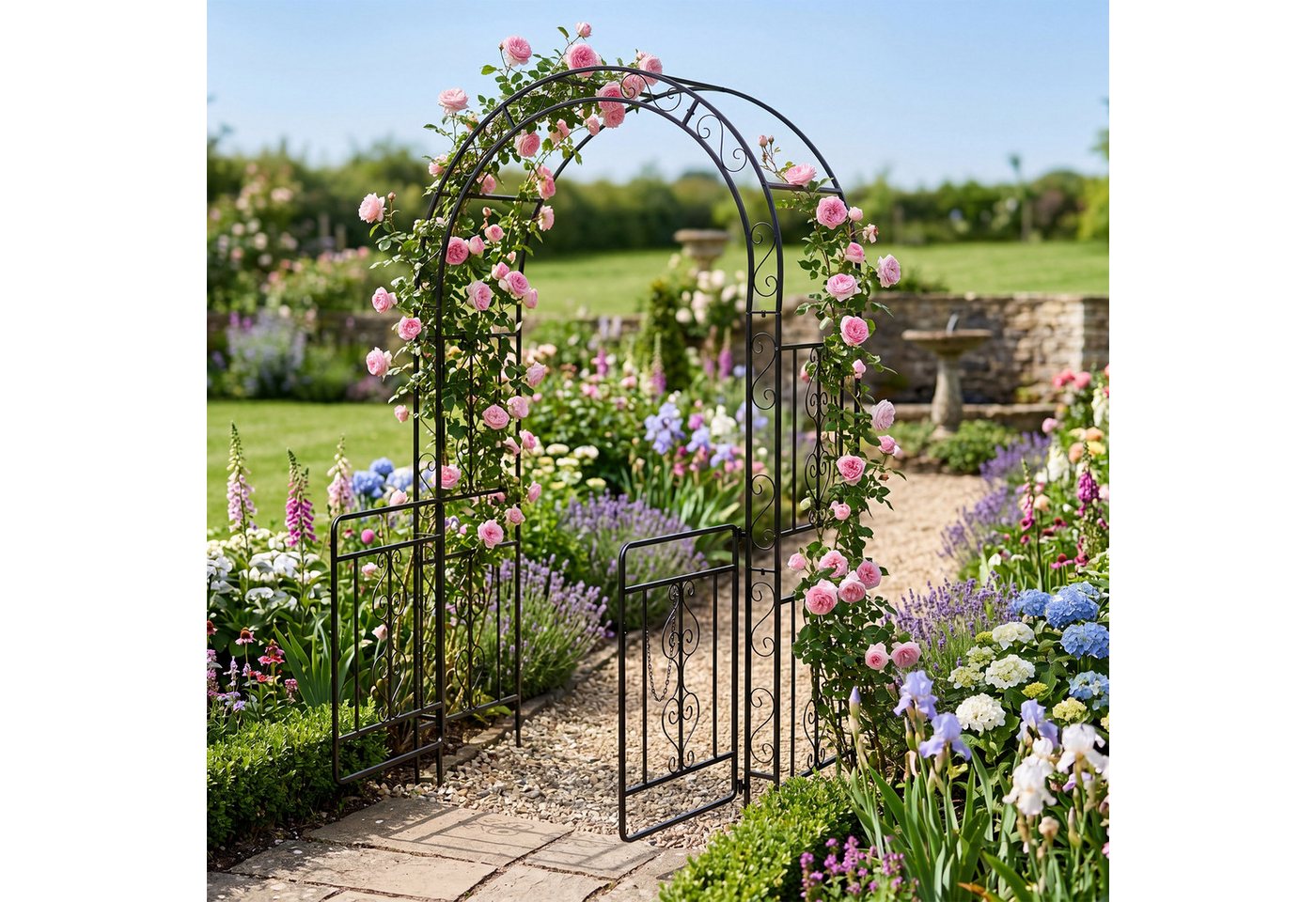 COSTWAY Rosenbogen, Gartenbogen mit Tür aus Metall stabil, Rankbogen – Bild 2 von 5