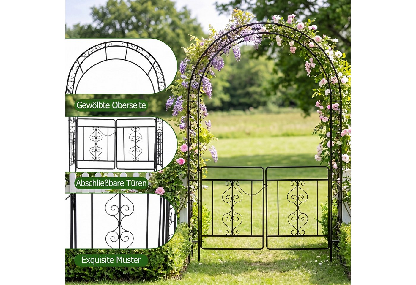 COSTWAY Rosenbogen, Gartenbogen mit Tür aus Metall stabil, Rankbogen – Bild 3 von 5