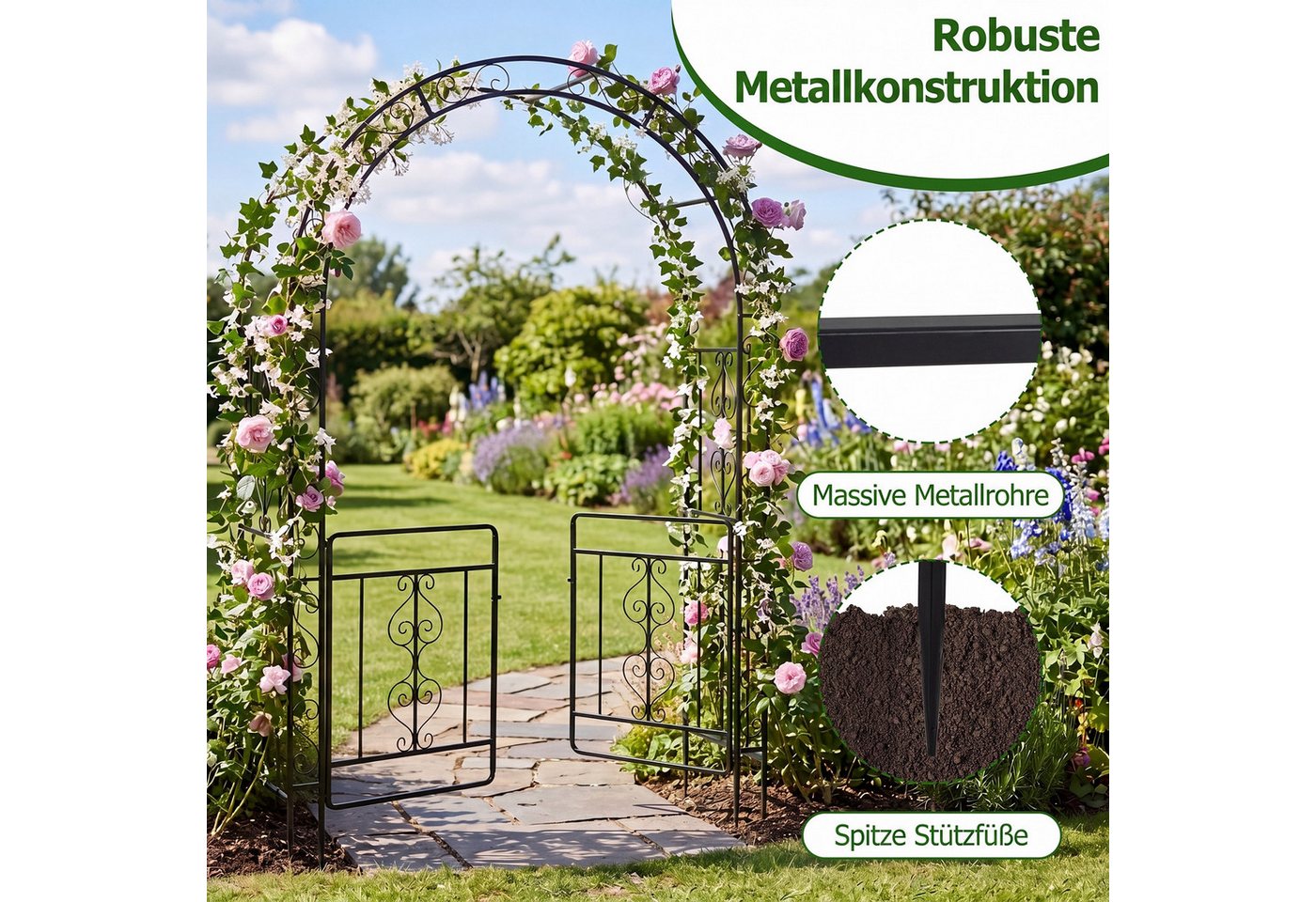 COSTWAY Rosenbogen, Gartenbogen mit Tür aus Metall stabil, Rankbogen – Bild 4 von 5