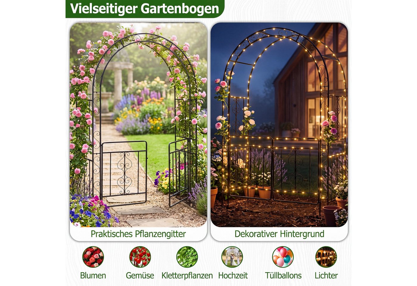 COSTWAY Rosenbogen, Gartenbogen mit Tür aus Metall stabil, Rankbogen – Bild 5 von 5