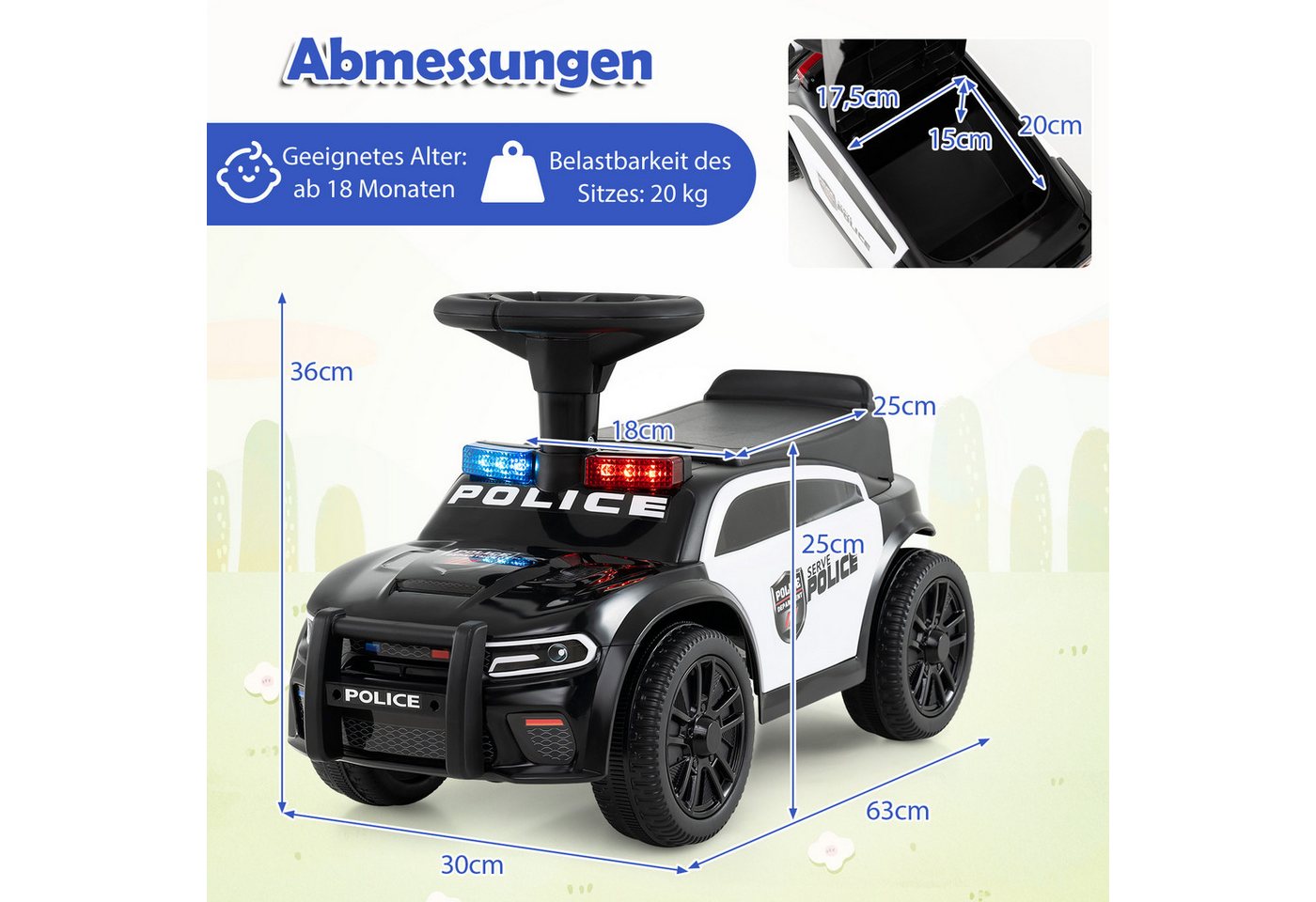 COSTWAY Rutscherauto, (1-tlg), Rutschauto, Kinderauto mit Licht, Musik, Sirene & Stauraum – Bild 2 von 5