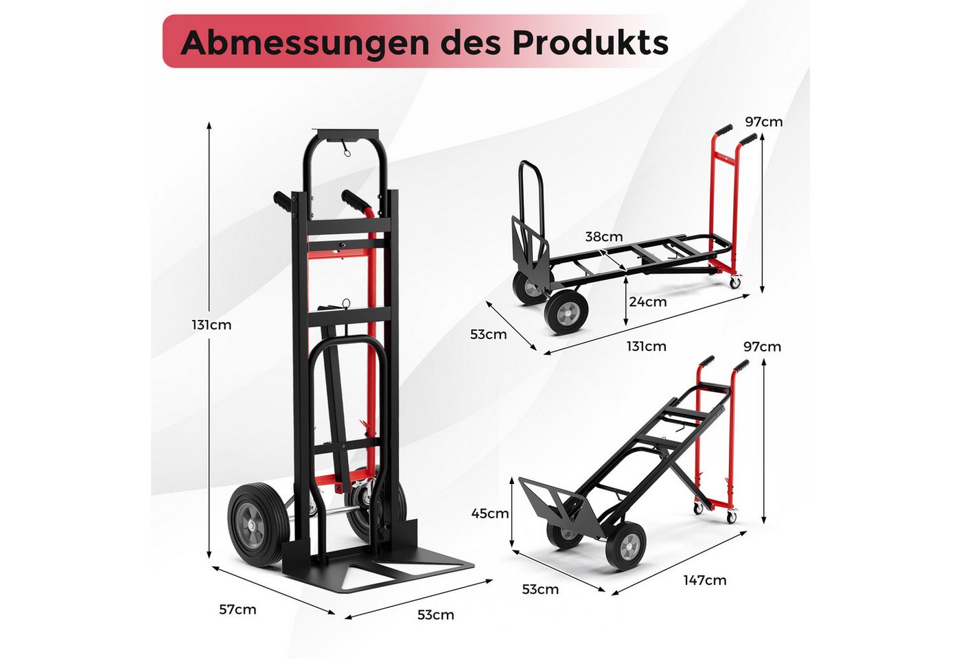 COSTWAY Sackkarre, 3in1 wandelbar, Transportkarre bis 360kg/450kg belastbar – Bild 3 von 5