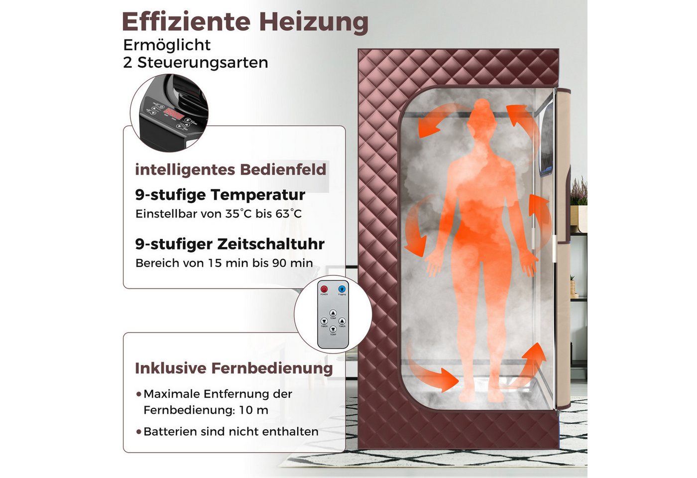 COSTWAY Sauna Dampfsauna Heimsauna, mit Dampfgenerator, Fernbedienung, Fußmassagegerät & Klappstuhl – Bild 3 von 5