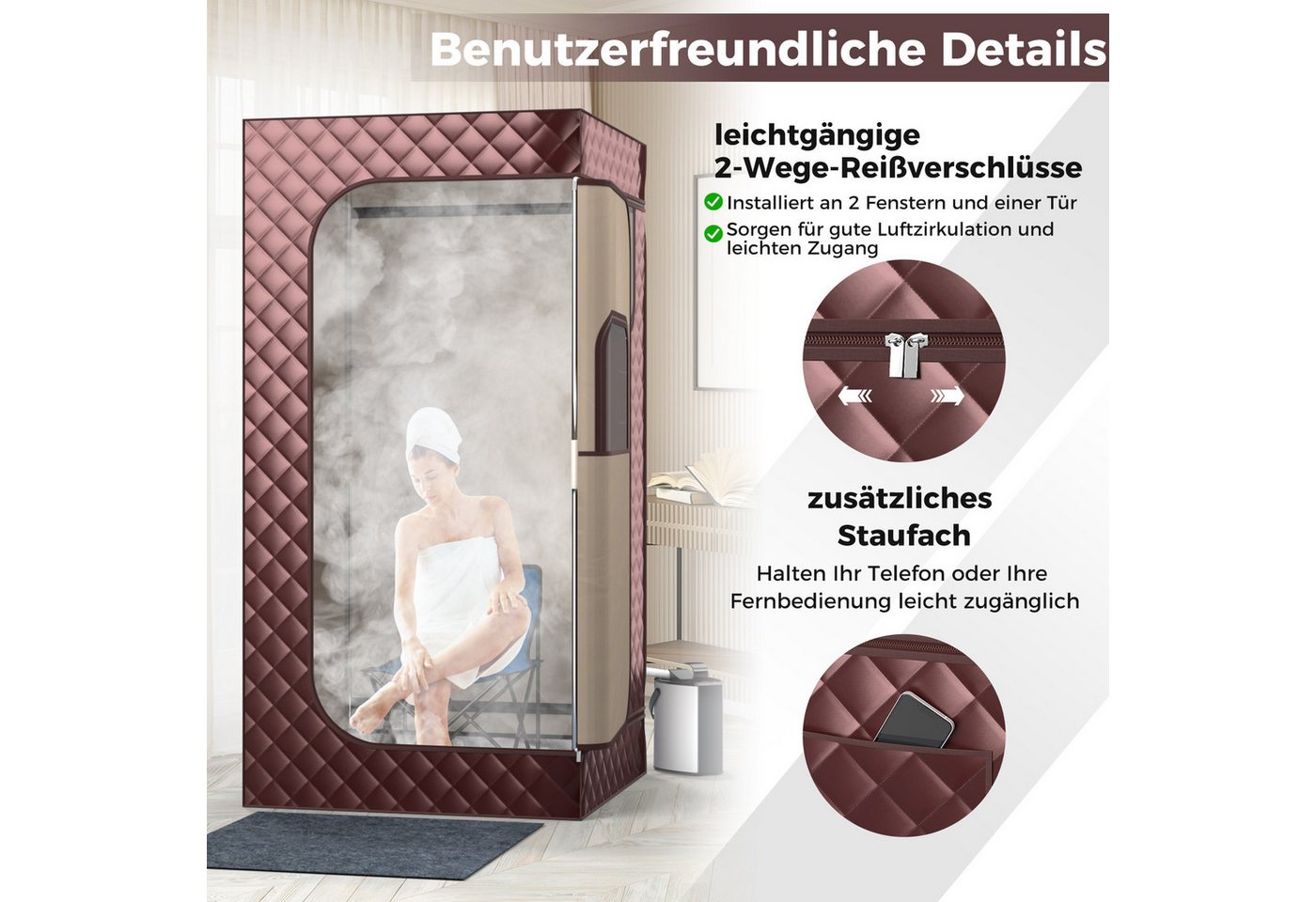 COSTWAY Sauna Dampfsauna Heimsauna, mit Dampfgenerator, Fernbedienung, Fußmassagegerät & Klappstuhl – Bild 5 von 5