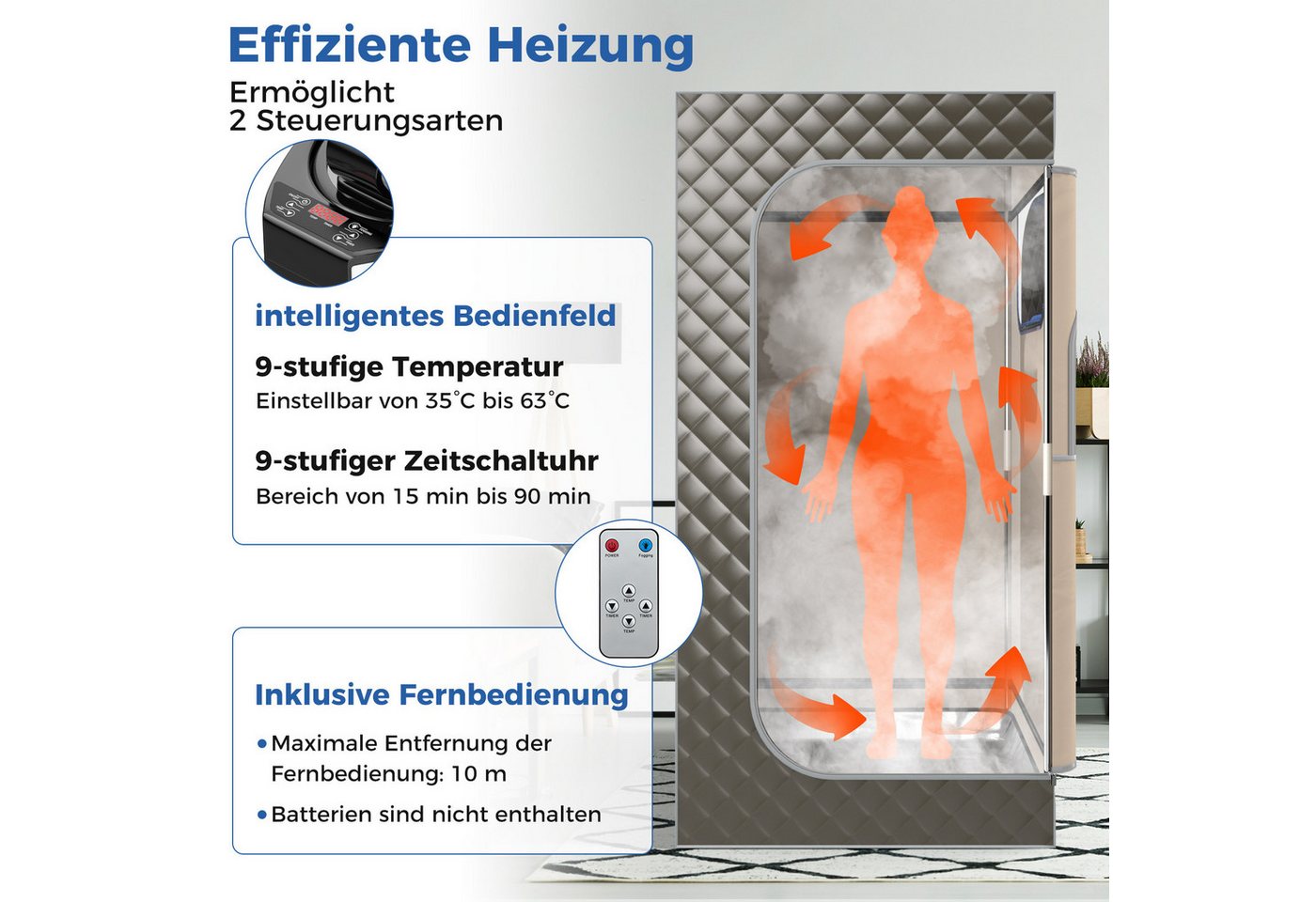 COSTWAY Sauna Dampfsauna Heimsauna, mit Dampfgenerator, Fernbedienung, Fußmassagegerät & Klappstuhl – Bild 3 von 5