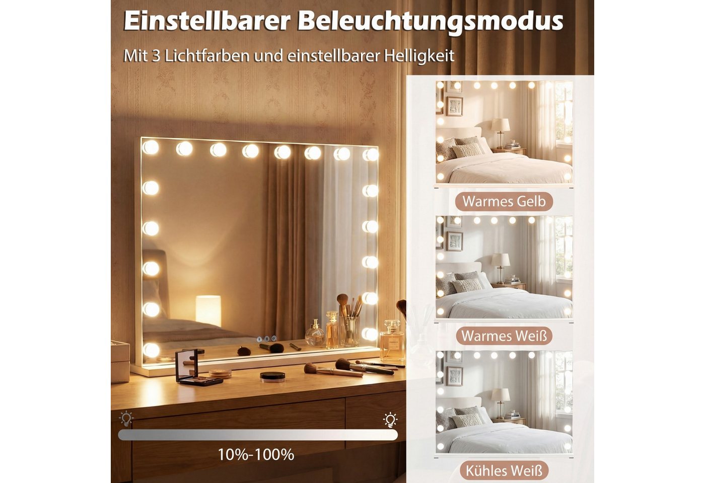 COSTWAY Schminkspiegel (1-St), Hollywood Beleuchteter Spiege, mit 3 Lichtfarben, Touch-Steuerung – Bild 3 von 5