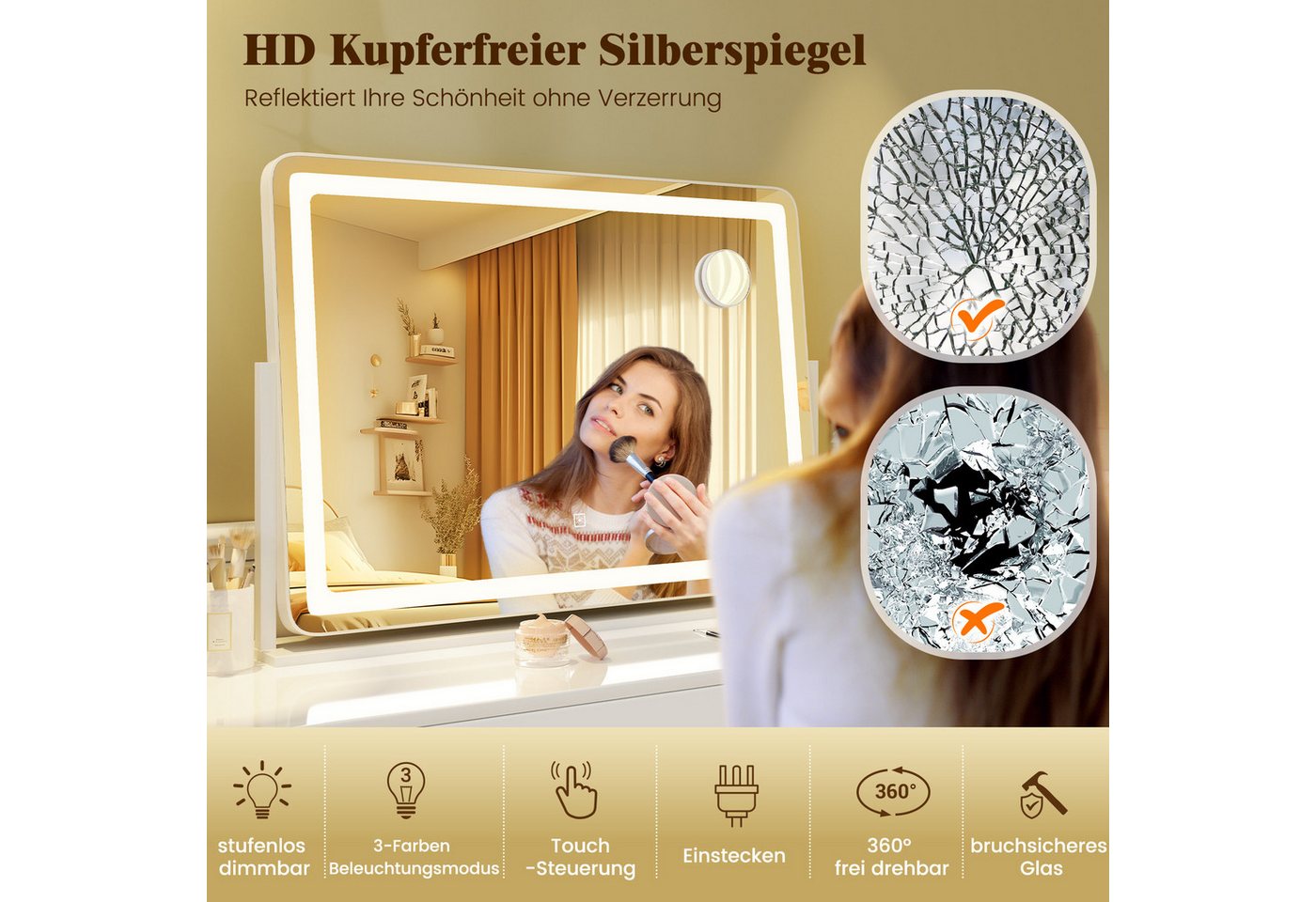 COSTWAY Schminkspiegel (1-St), mit 10X Vergrößerung, 3 Lichtfarben & Touch-Steuerung, 360° drehbar – Bild 3 von 5