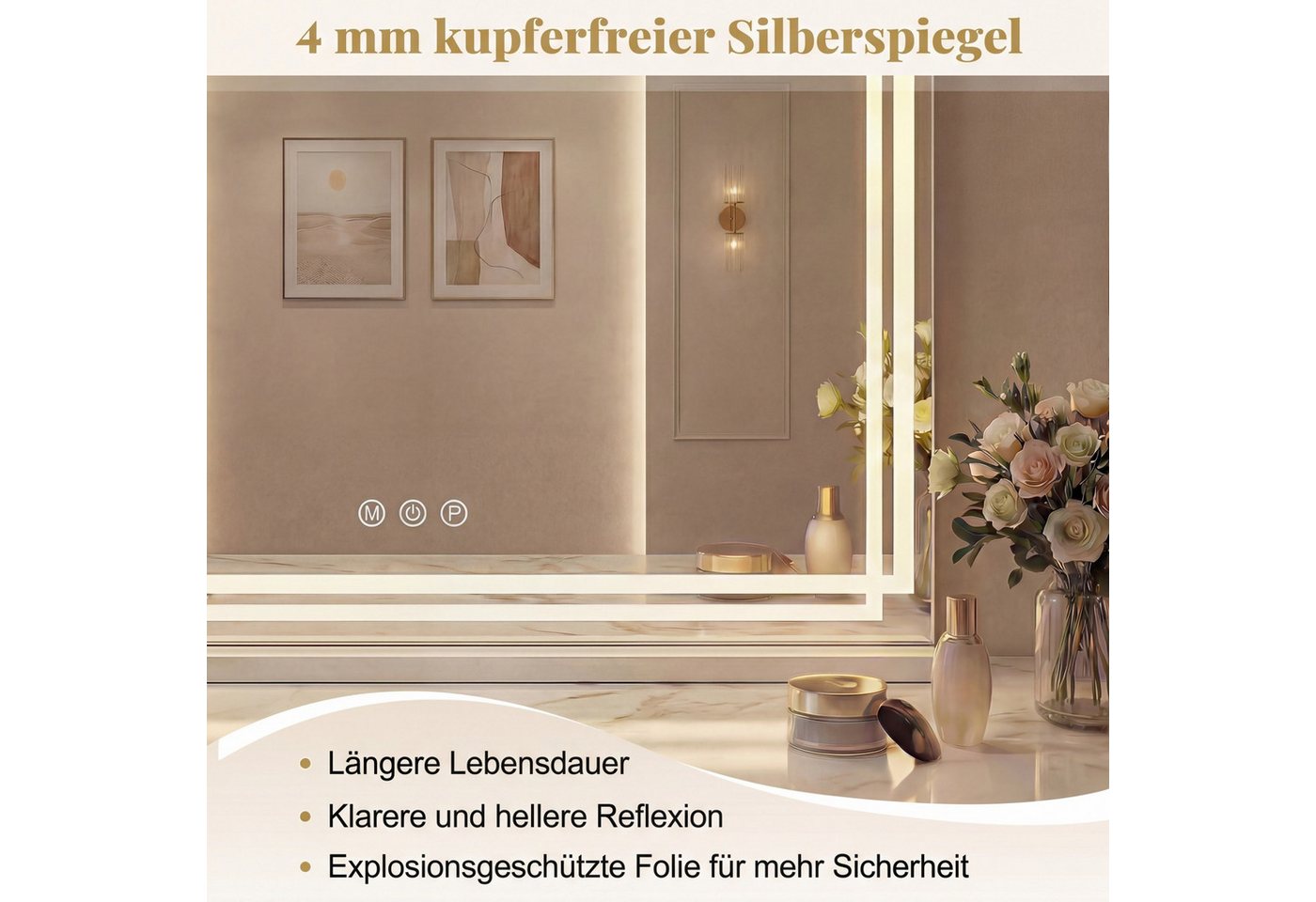 COSTWAY Schminkspiegel (1-St), LED Kosmetikspiegel, Hollywood Spiegel, dimmbar, 80x62cm – Bild 5 von 5