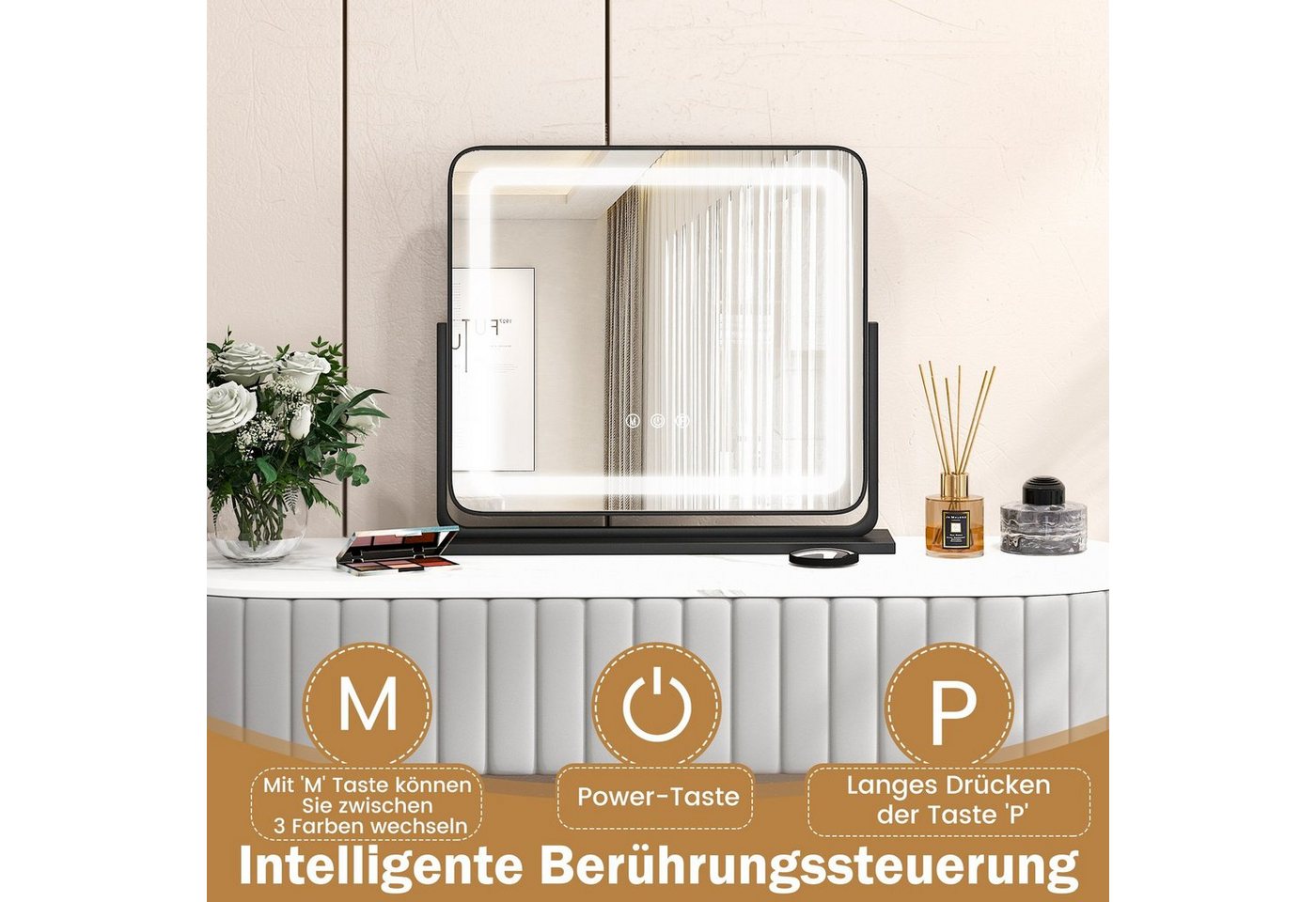 COSTWAY Schminkspiegel, mit 3 dimmbarer Lichtfarben, 5X Vergrößerung, 360° – Bild 4 von 5