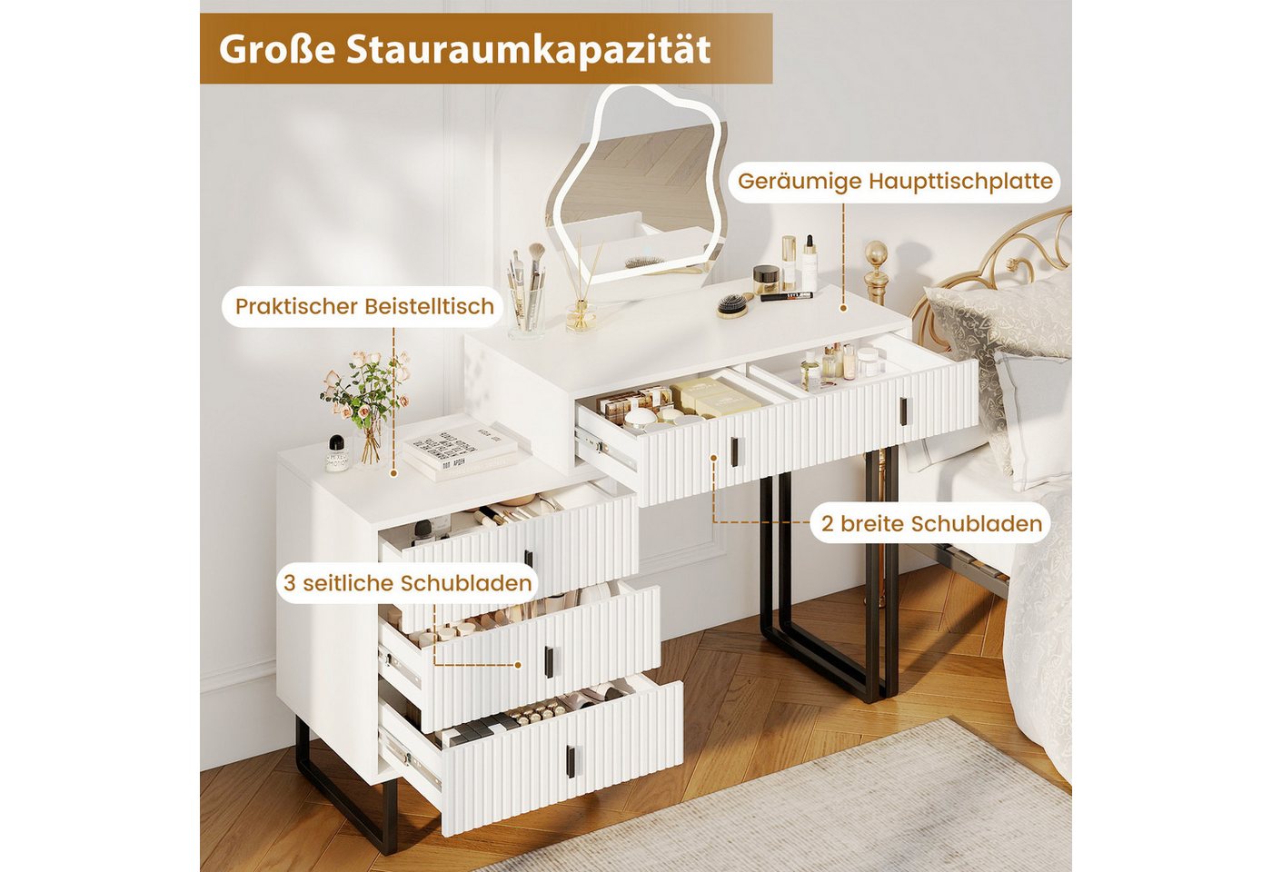 COSTWAY Schminktisch (1-St), mit LED Spiegel & Beistellschrank, Kosmetiktisch – Bild 3 von 5