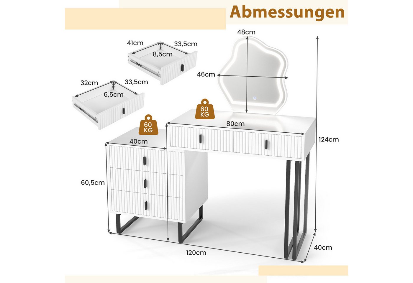 COSTWAY Schminktisch (1-St), mit LED Spiegel & Beistellschrank, Kosmetiktisch – Bild 4 von 5