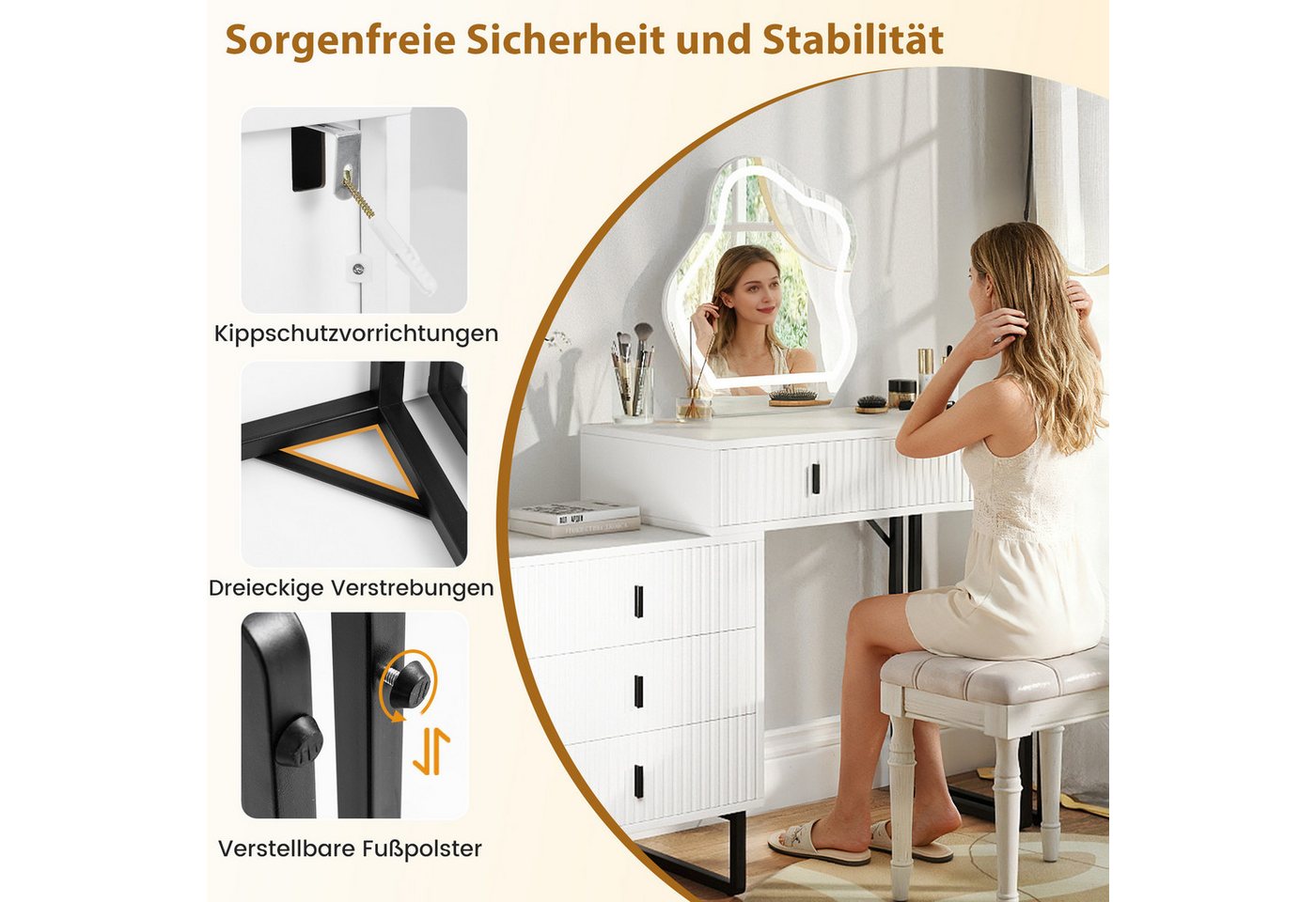 COSTWAY Schminktisch (1-St), mit LED Spiegel & Beistellschrank, Kosmetiktisch – Bild 5 von 5