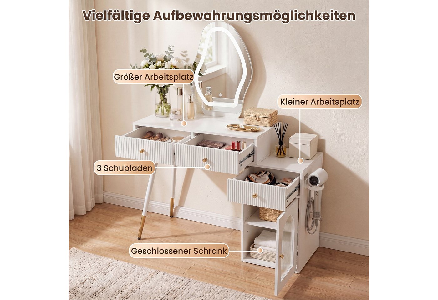 COSTWAY Schminktisch (1-St), Frisiertisch, Kosmetiktisch, mit Spiegel & LED, 3 Lichtmodi – Bild 4 von 5