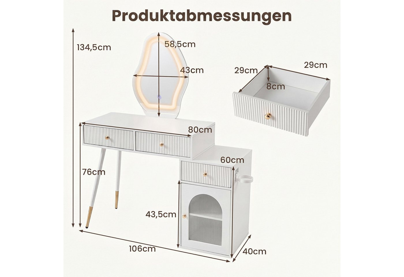 COSTWAY Schminktisch (1-St), Frisiertisch, Kosmetiktisch, mit Spiegel & LED, 3 Lichtmodi – Bild 5 von 5