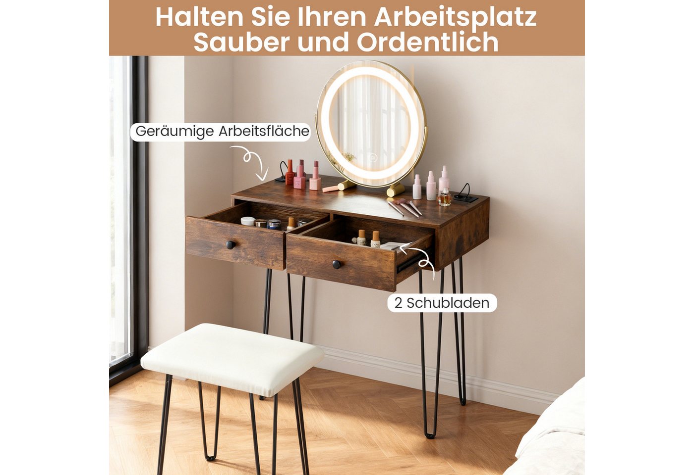 COSTWAY Schminktisch (1-St), Frisiertisch mit Spiegel, 2 Schubladen, Hocker – Bild 2 von 5