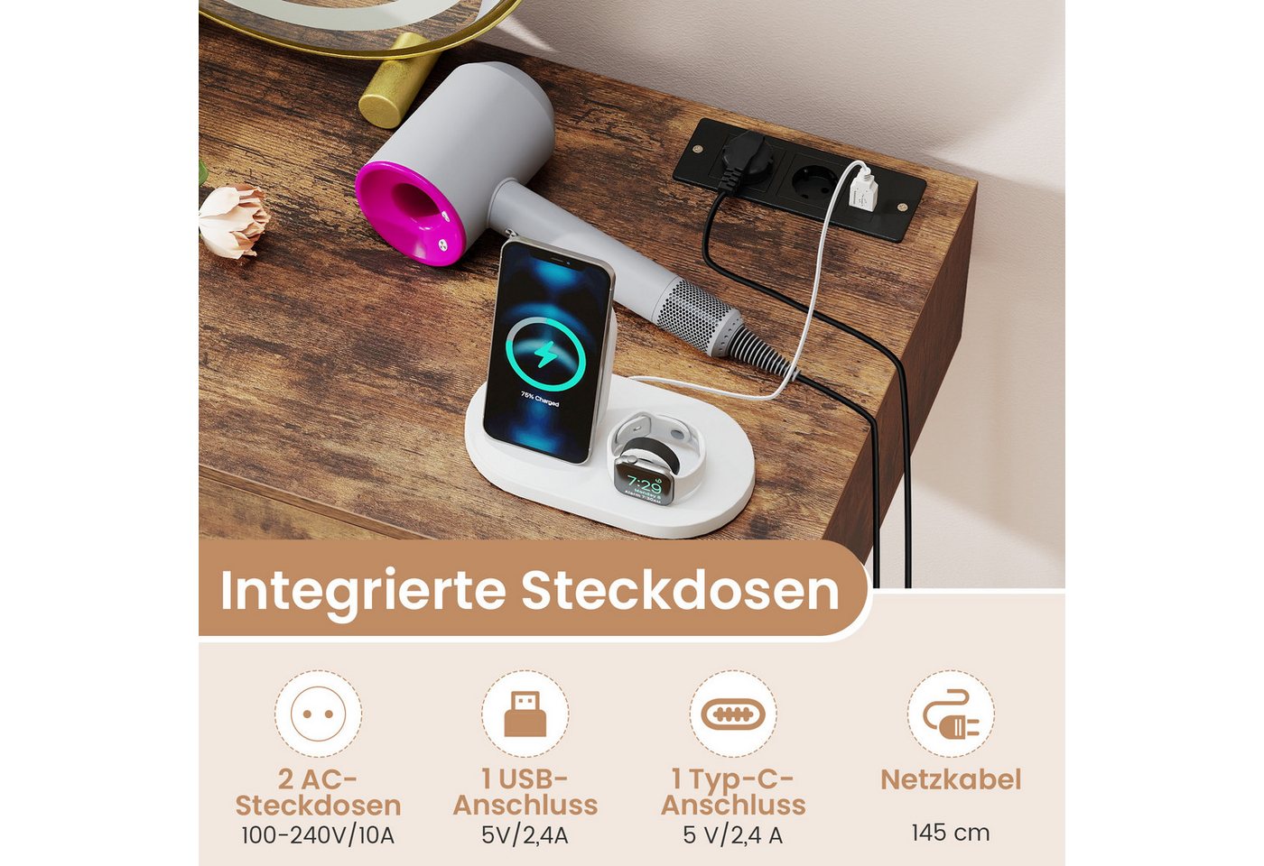 COSTWAY Schminktisch (1-St), Frisiertisch mit Spiegel, 2 Schubladen, Hocker – Bild 3 von 5