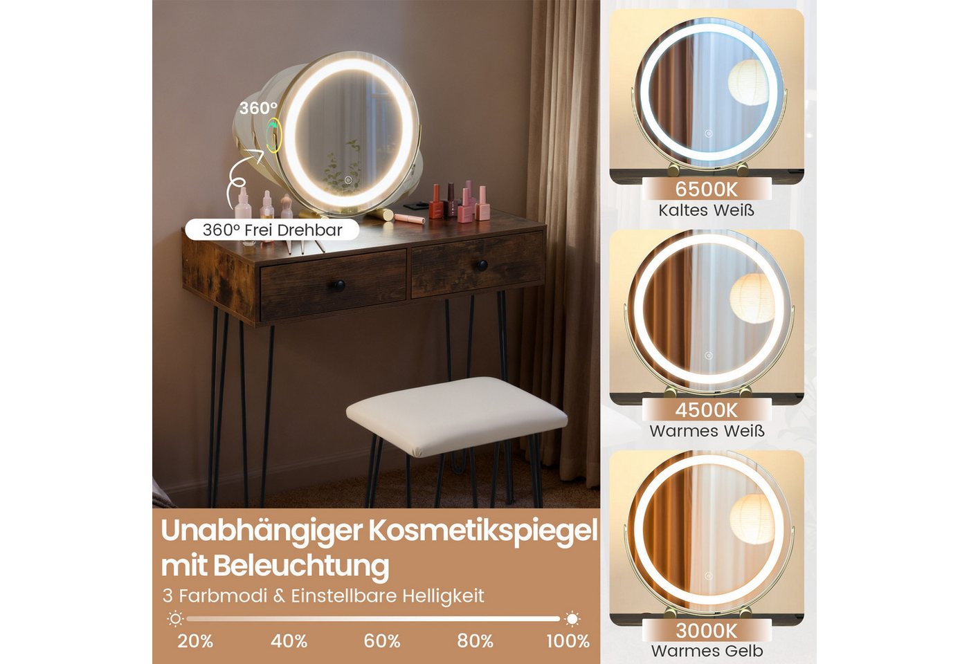 COSTWAY Schminktisch (1-St), Frisiertisch mit Spiegel, 2 Schubladen, Hocker – Bild 4 von 5