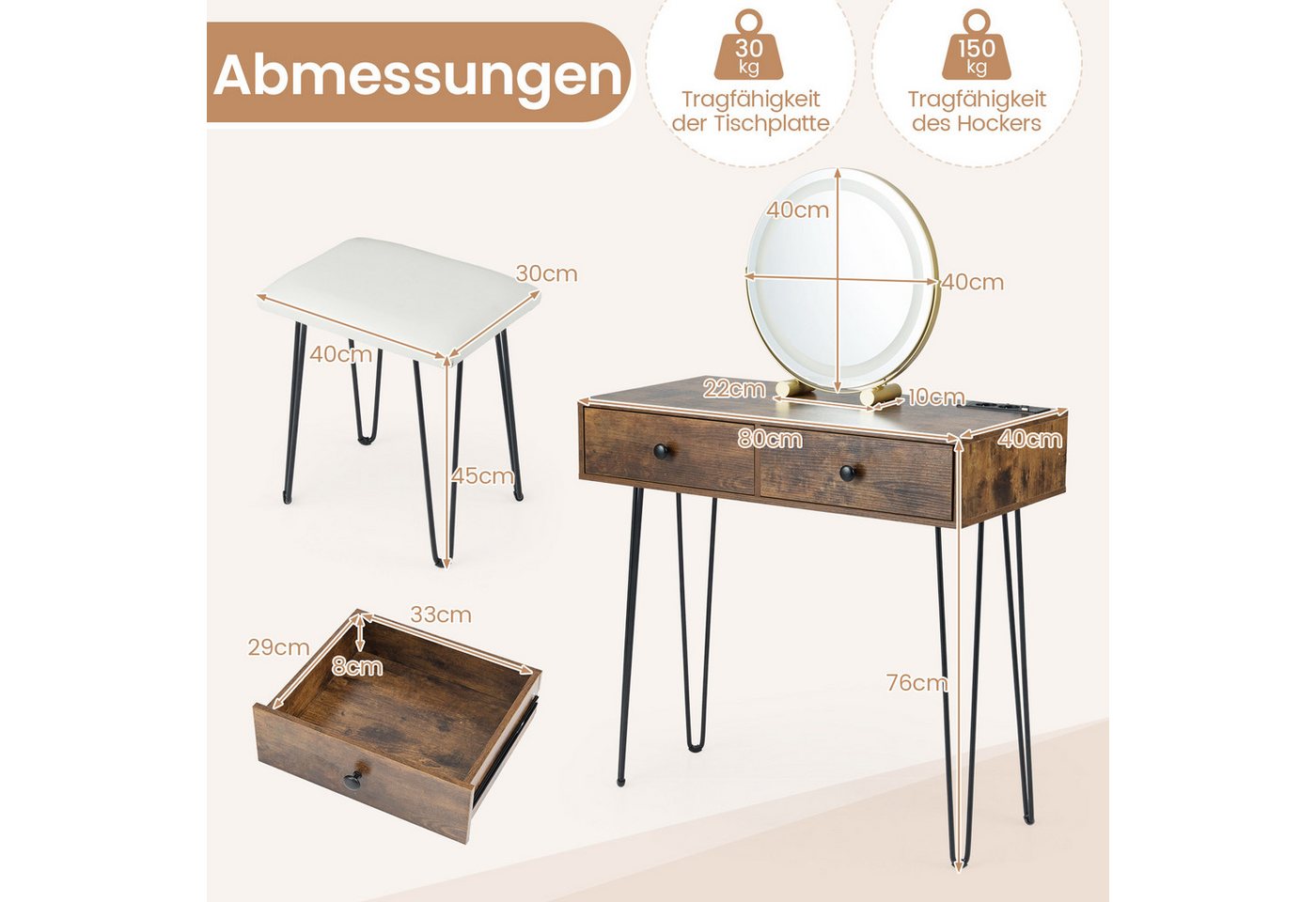 COSTWAY Schminktisch (1-St), Frisiertisch mit Spiegel, 2 Schubladen, Hocker – Bild 5 von 5
