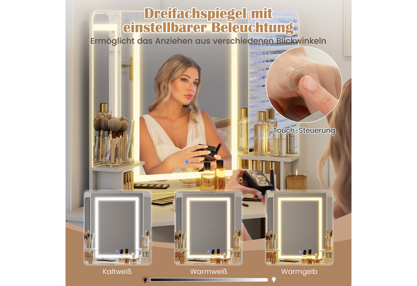 COSTWAY Schminktisch (1-St), Eck-Frisiertisch Set, LED Kosmetiktisch mit Hocker – Bild 2 von 5