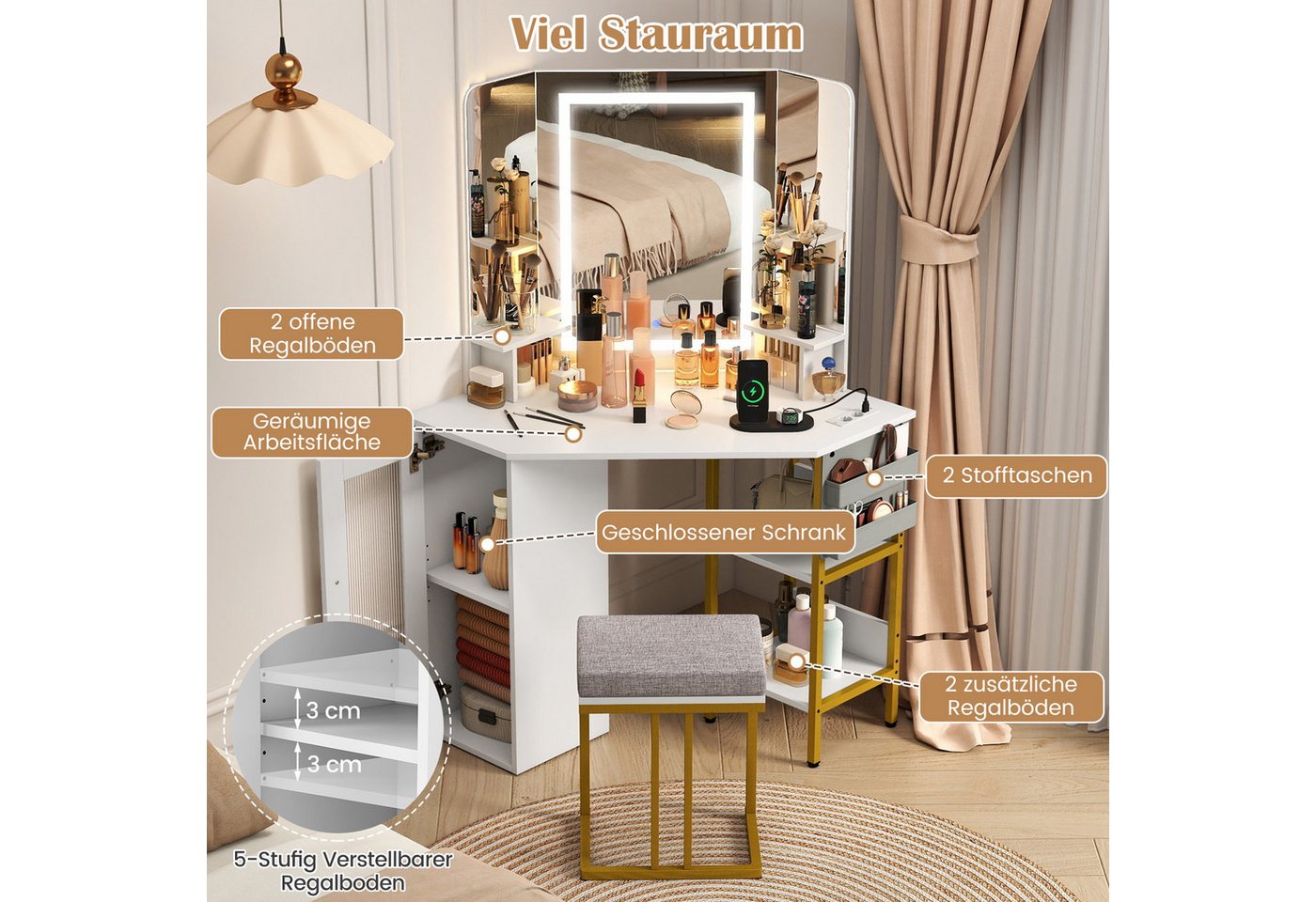 COSTWAY Schminktisch (1-St), Eck-Frisiertisch Set, LED Kosmetiktisch mit Hocker – Bild 3 von 5