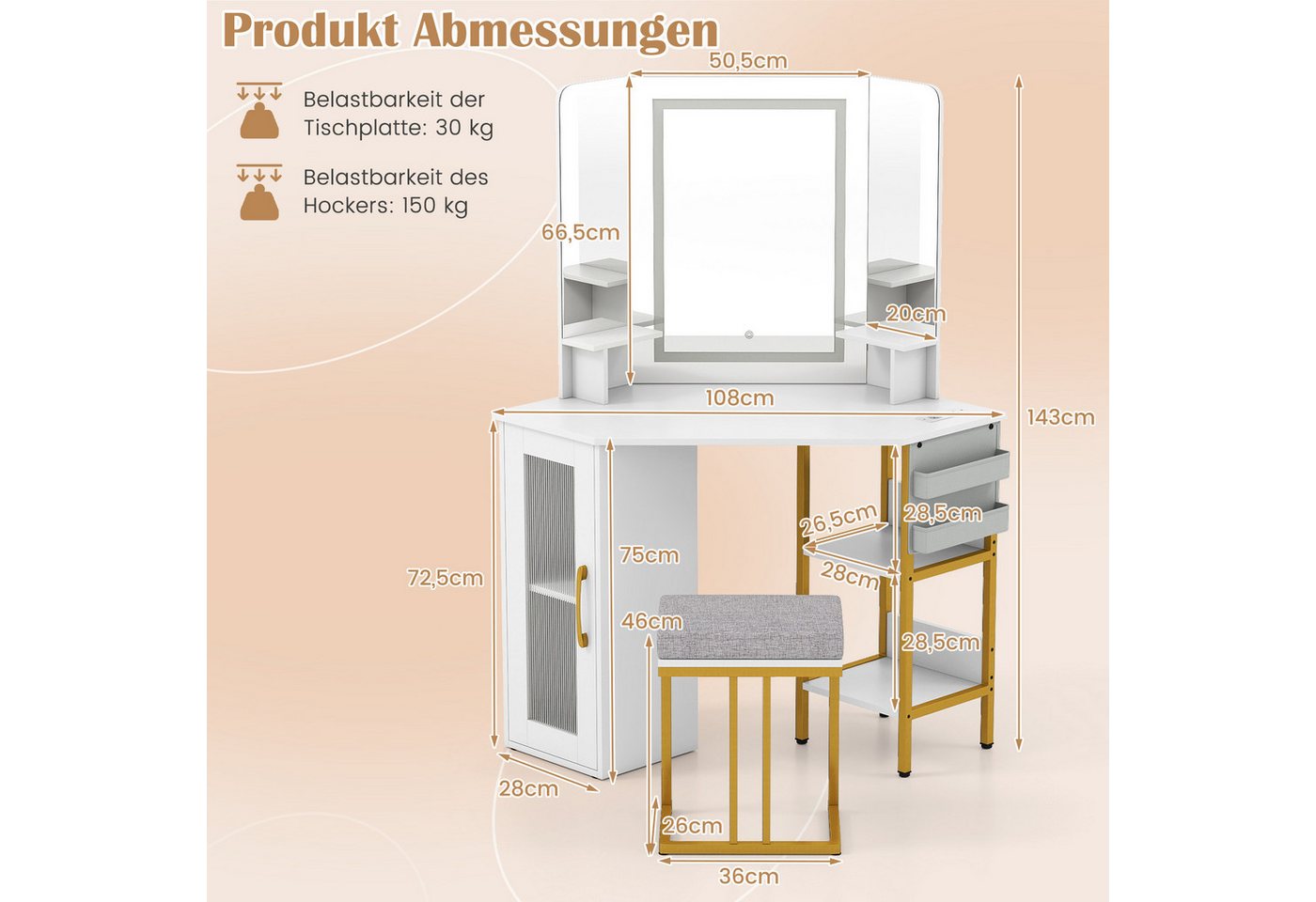 COSTWAY Schminktisch (1-St), Eck-Frisiertisch Set, LED Kosmetiktisch mit Hocker – Bild 5 von 5