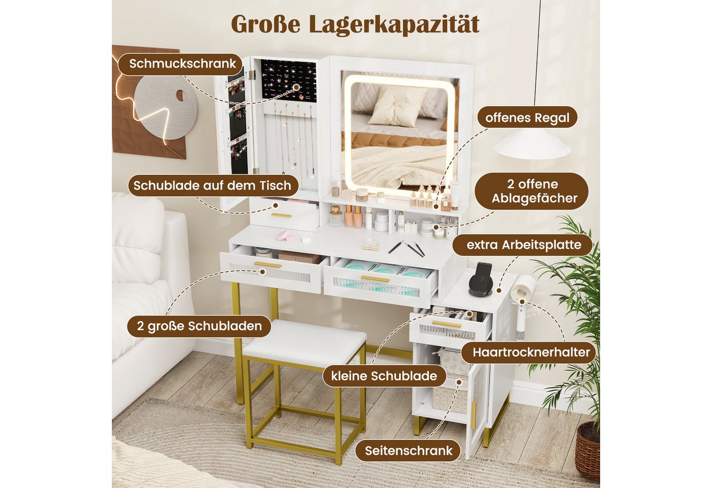 COSTWAY Schminktisch (1-St), mit LED & Ladestation, Hocker, Spiegel, Schubladen – Bild 3 von 5