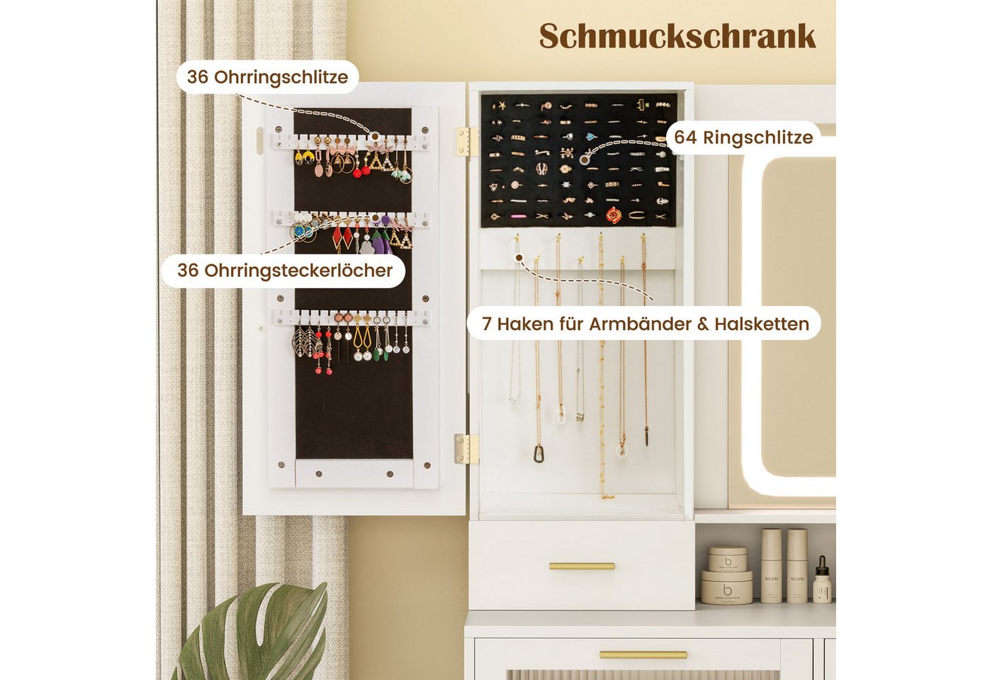 COSTWAY Schminktisch (1-St), mit LED & Ladestation, Hocker, Spiegel, Schubladen – Bild 4 von 5