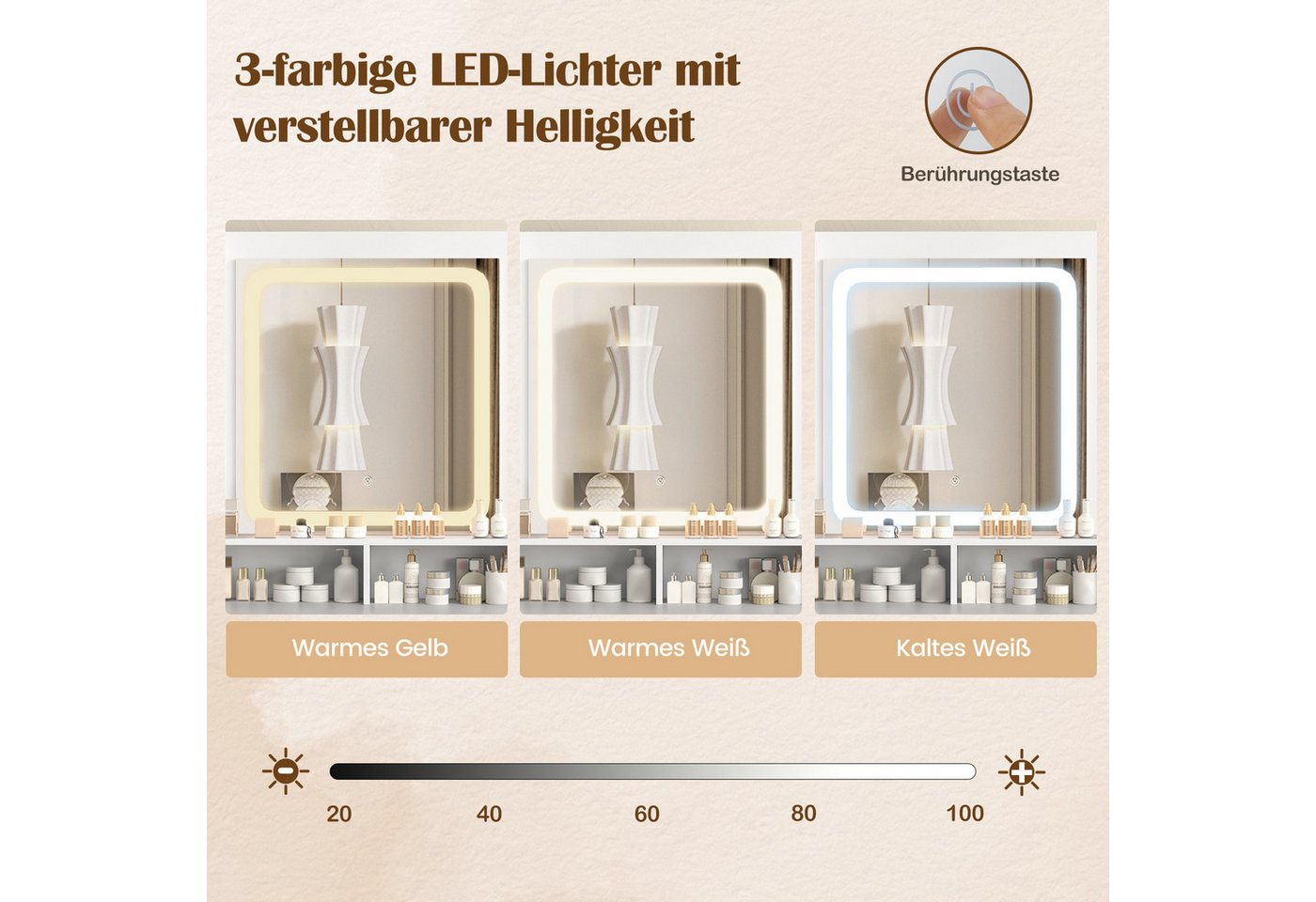 COSTWAY Schminktisch (1-St), mit LED & Ladestation, Hocker, Spiegel, Schubladen – Bild 5 von 5