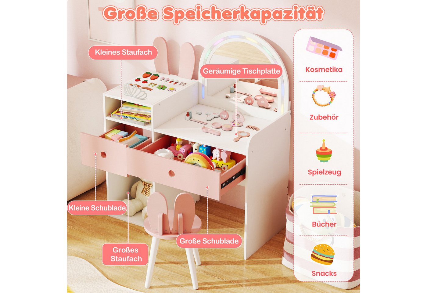 COSTWAY Schminktisch (2-St), Kosmetiktisch Stuhlset Kinder mit Spiegel – Bild 3 von 5