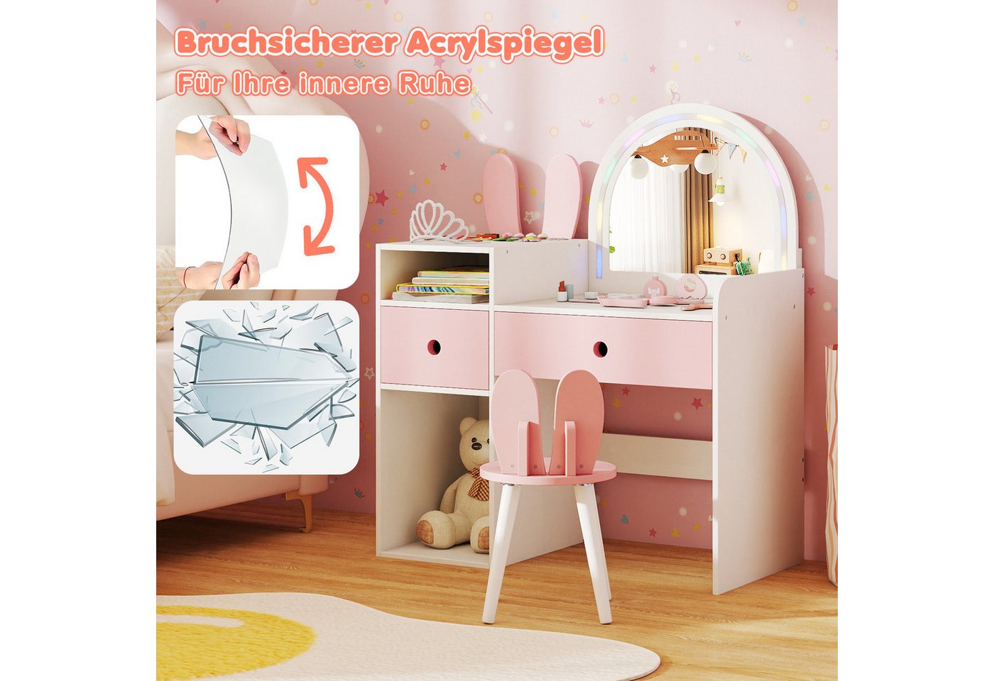 COSTWAY Schminktisch (2-St), Kosmetiktisch Stuhlset Kinder mit Spiegel – Bild 4 von 5