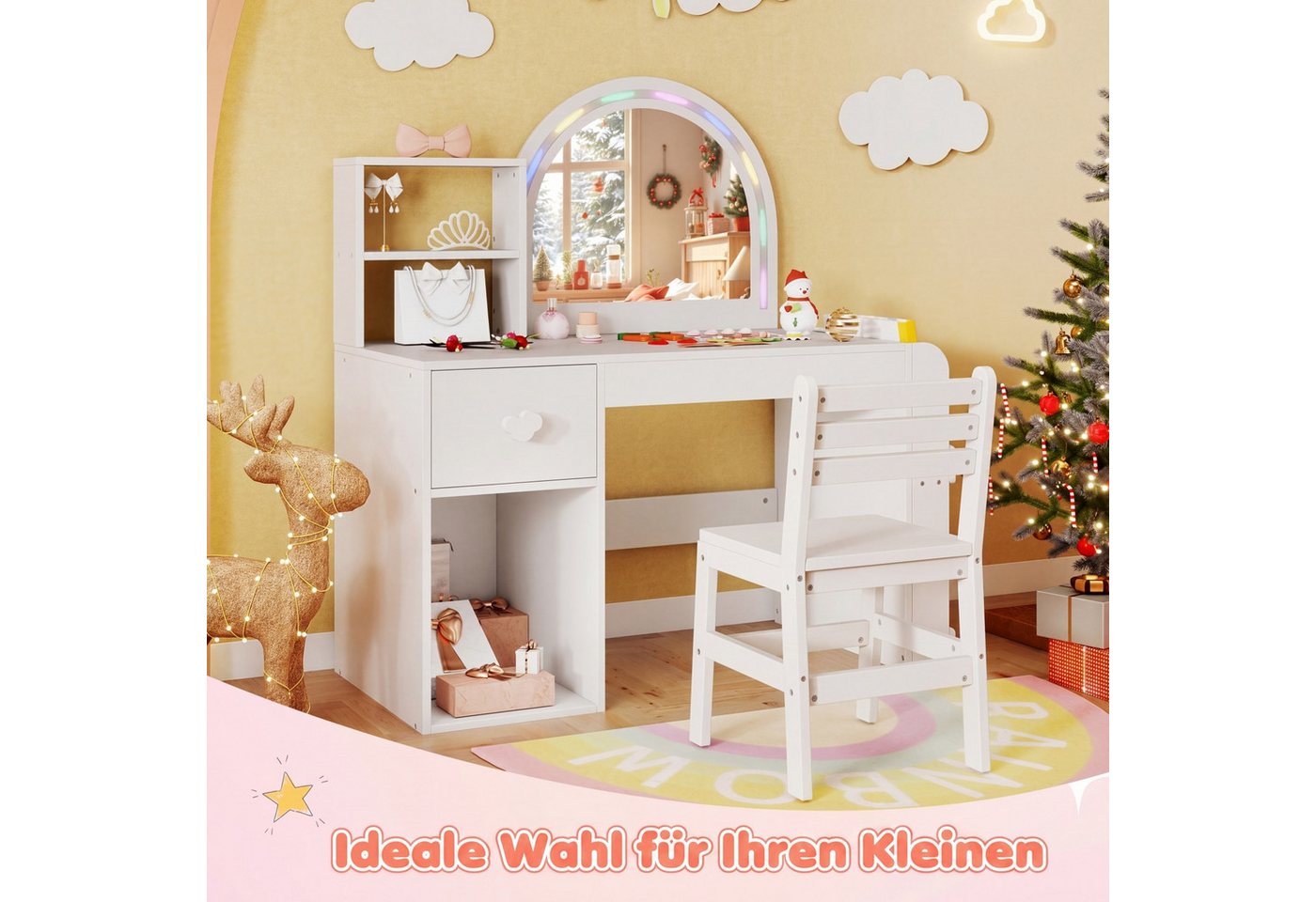 COSTWAY Schminktisch (2-St), mit Spiegel & Beleuchtung, Frisiertisch Kinder – Bild 3 von 5