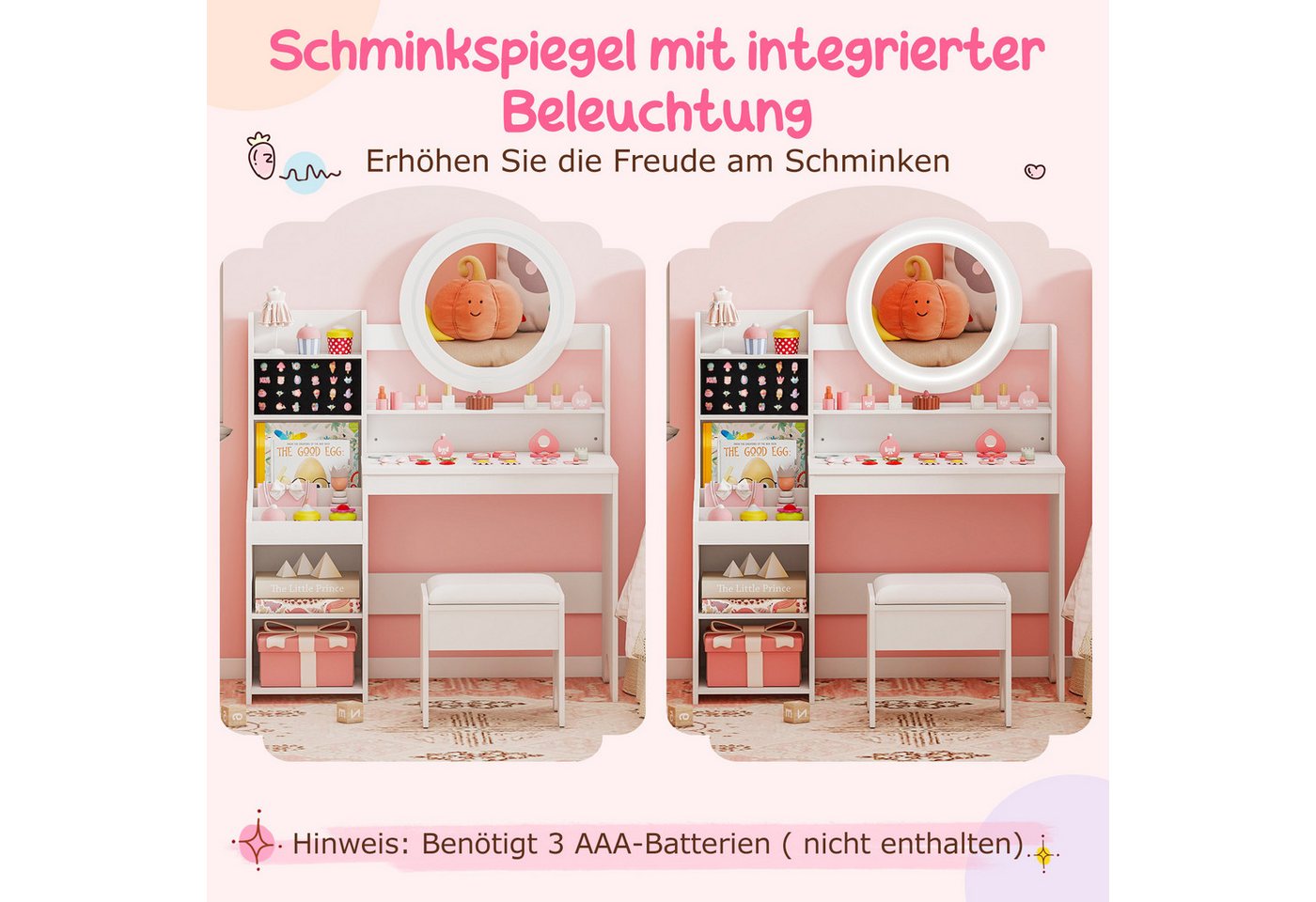 COSTWAY Schminktisch (2-St), mit gepolstertem Hocker, Spiegel & Leuchtung – Bild 2 von 5
