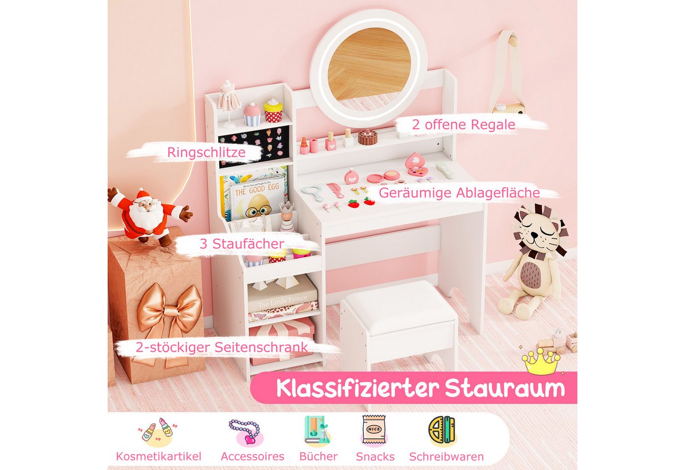 COSTWAY Schminktisch (2-St), mit gepolstertem Hocker, Spiegel & Leuchtung – Bild 3 von 5