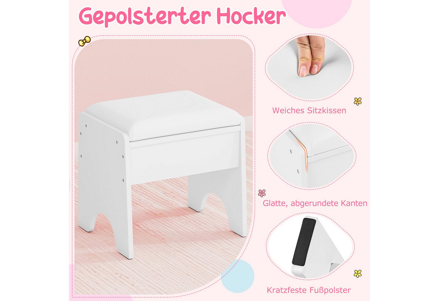 COSTWAY Schminktisch (2-St), mit gepolstertem Hocker, Spiegel & Leuchtung – Bild 4 von 5