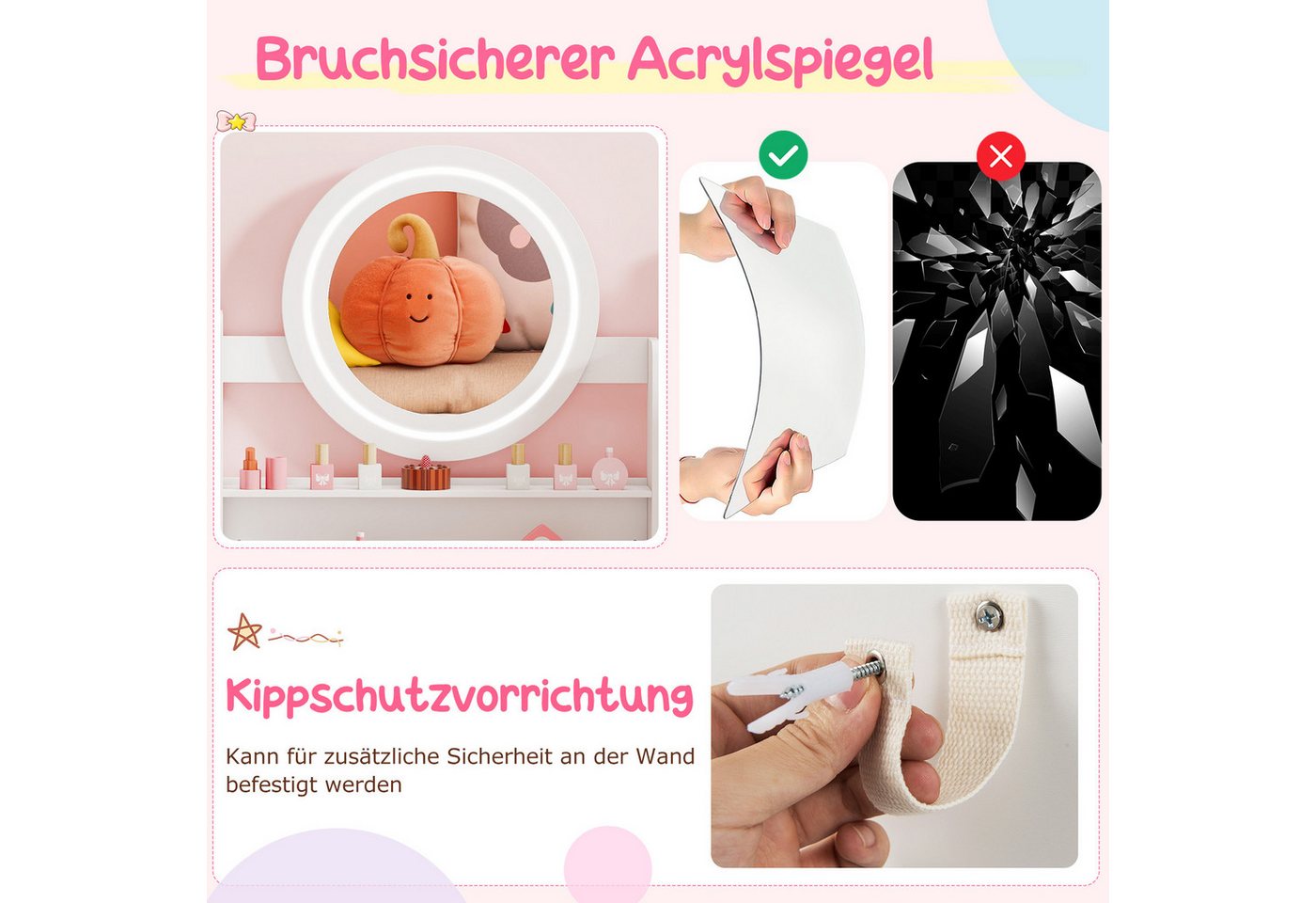 COSTWAY Schminktisch (2-St), mit gepolstertem Hocker, Spiegel & Leuchtung – Bild 5 von 5