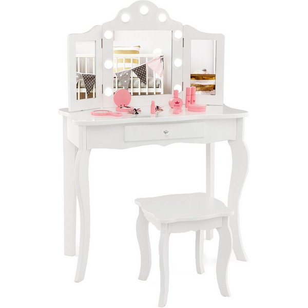 COSTWAY Schminktisch Kinder Schminktisch Set, einstellbare LED Beleuchtung