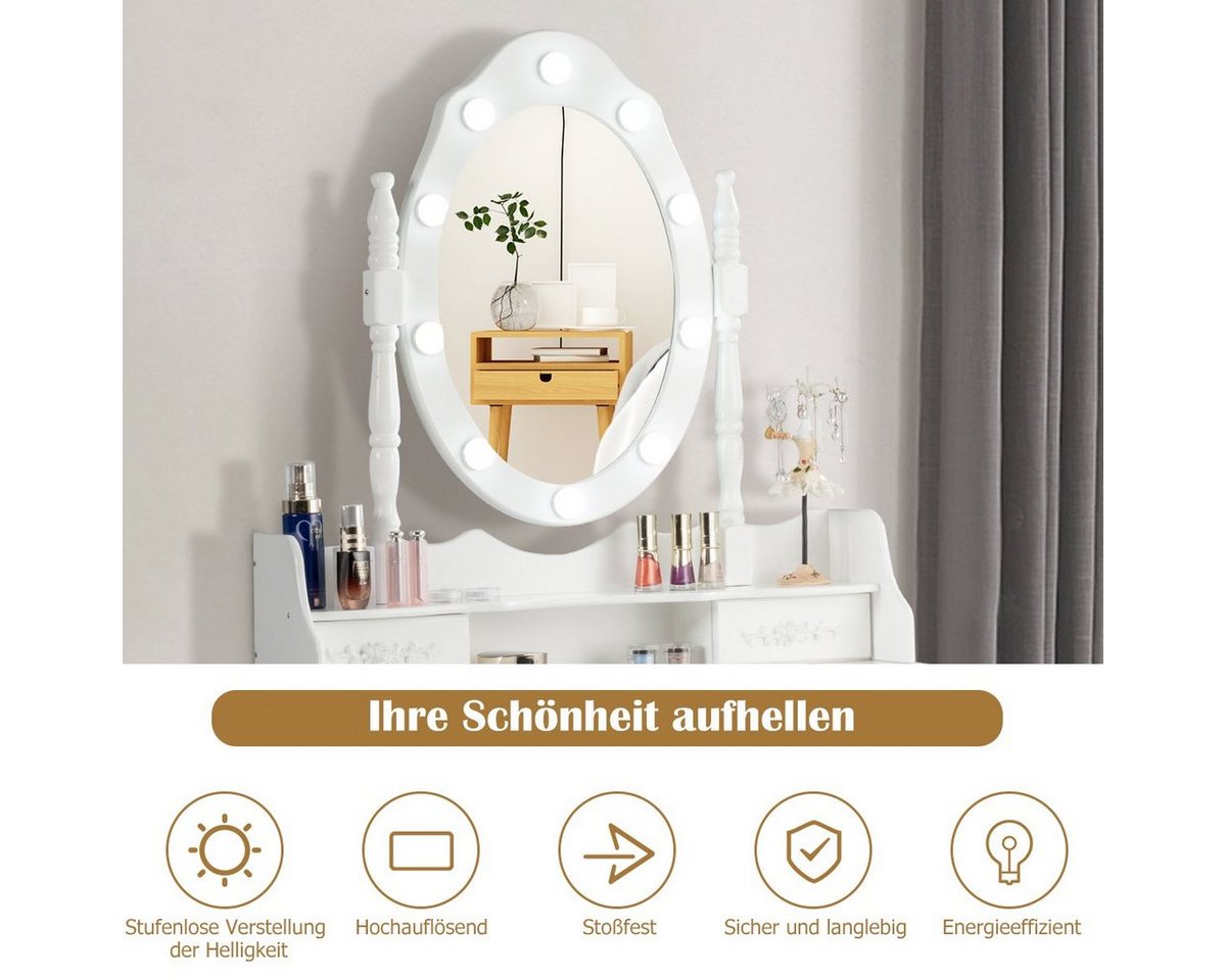 COSTWAY Schminktisch mit drehbarem Spiegel, Beleuchtung (mit Hocker), 4 Schubladen – Bild 3 von 5