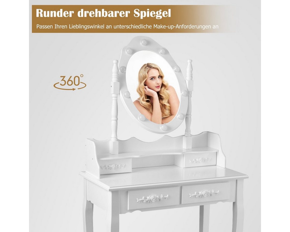 COSTWAY Schminktisch mit drehbarem Spiegel, Beleuchtung (mit Hocker), 4 Schubladen – Bild 4 von 5