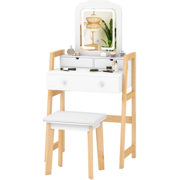 COSTWAY Schminktisch mit Hocker und LED, 3 Schubladen, höhenverstellbar, weiß